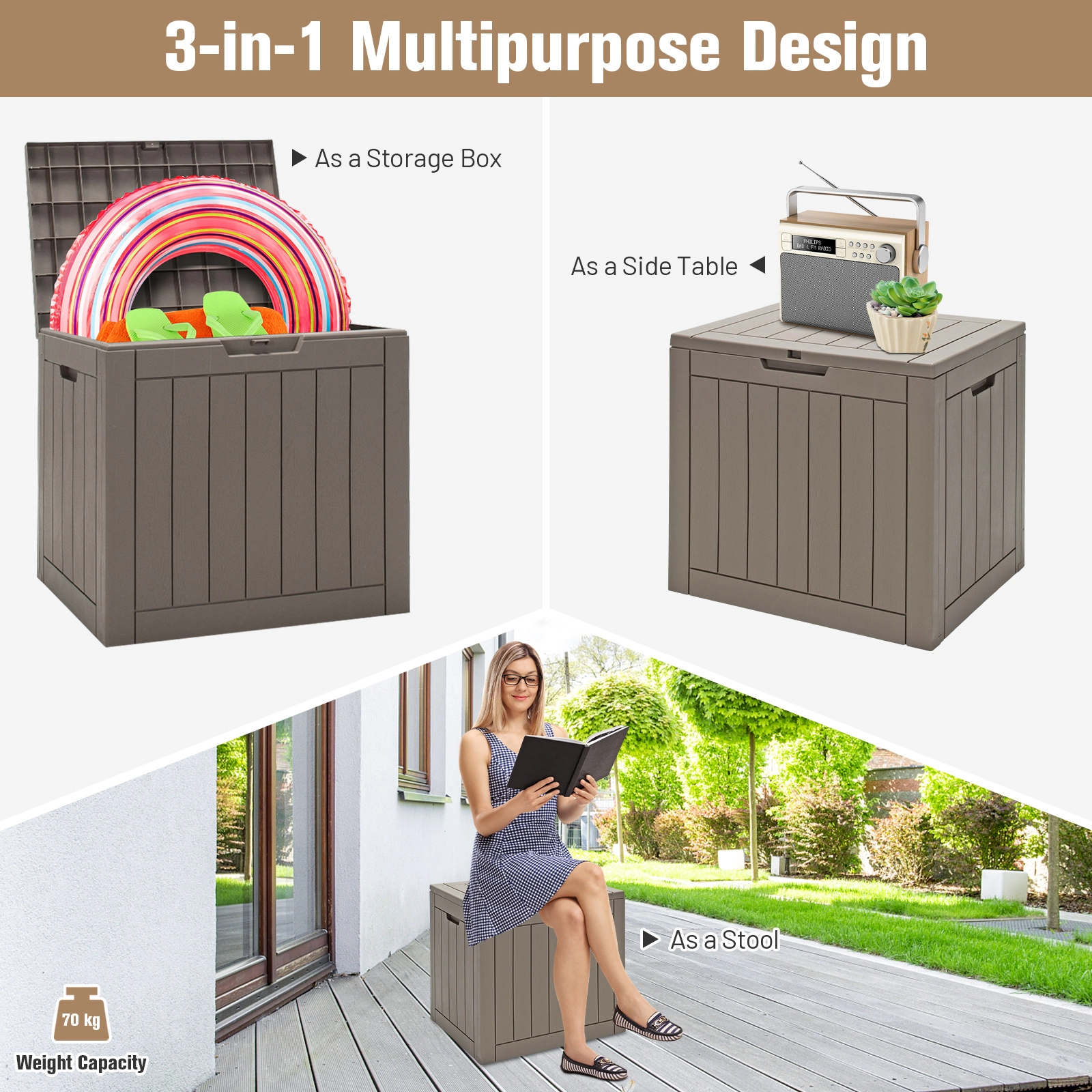 SUGIFT 30-Gallon Weatherproof PP Wood Grain Lift-Top Outdoor Deck Storage Box 22-in x 17-in x 21-in 154-lb Light Brown