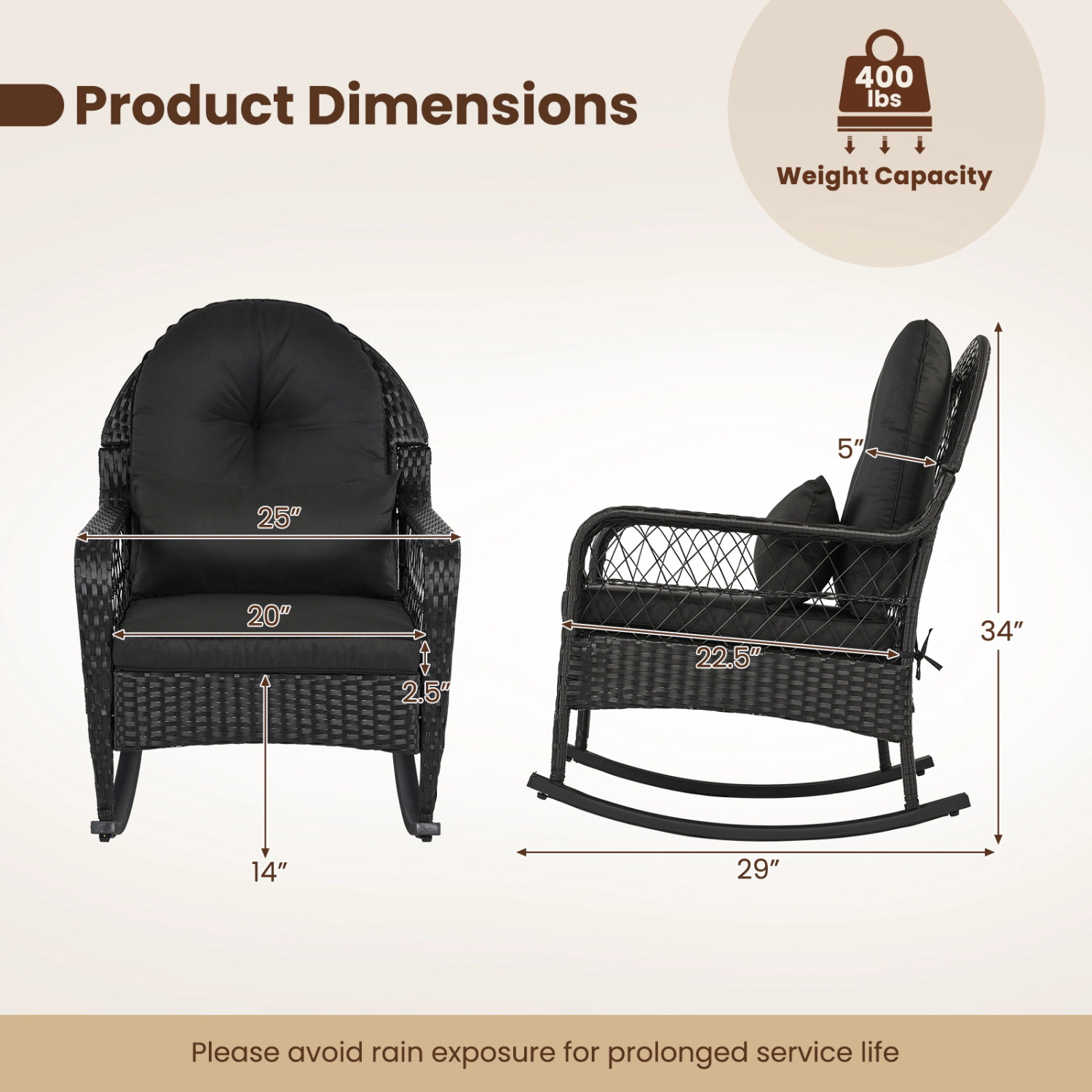 LJG Outdoor Wicker Rocking Chair with Anti-Tip Stoppers and Thick Cushions for Porch