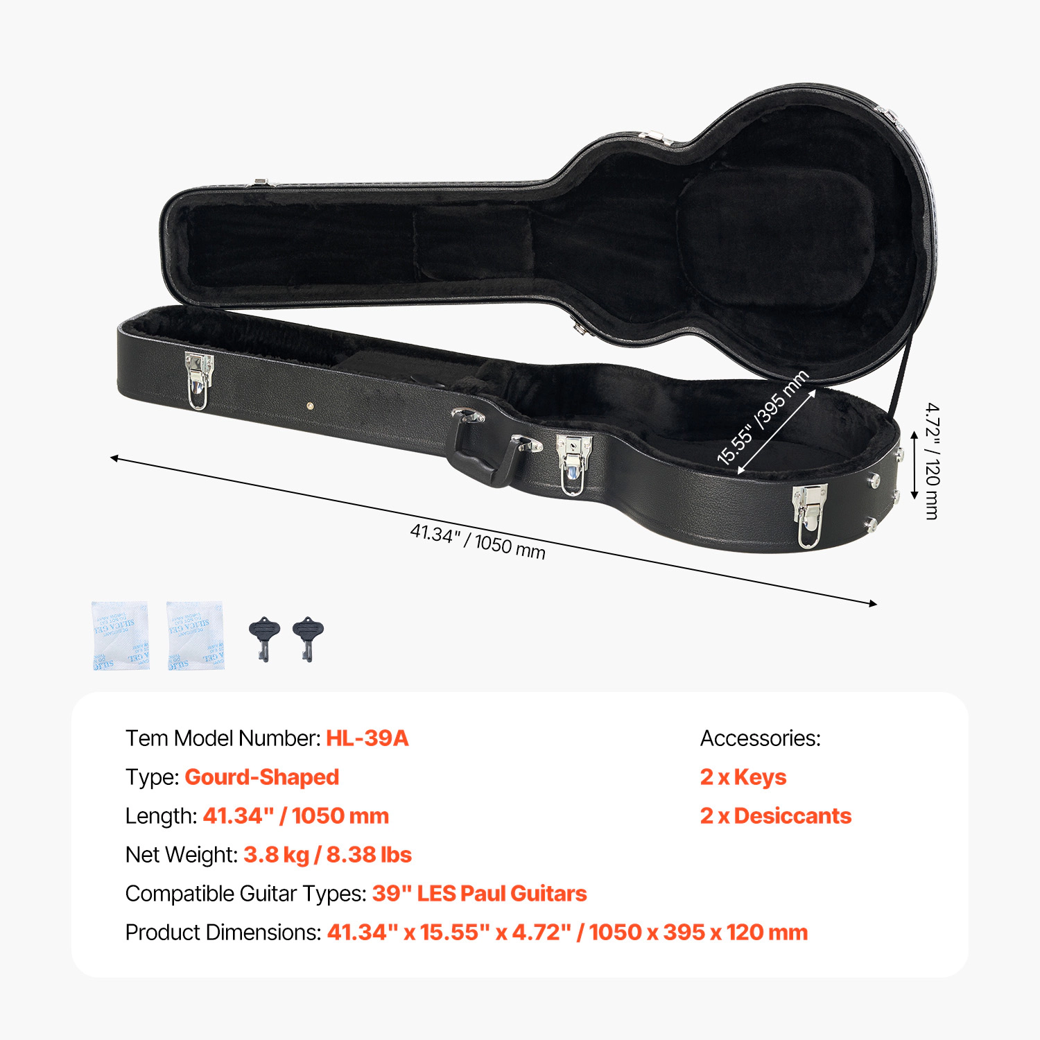 HONGGE Guitar Hard Case Guitar Hard Case With Lock Latch Keys Lining Water-Resistant Hard Guitar Case for Guitars Black