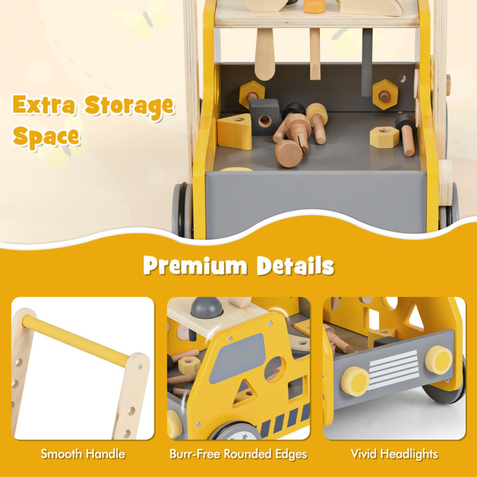SUGIFT 2-in-1 Wooden Baby Walker and Kids Tool Bench with Adjustable Speed 16.5-in Tall 3+ Years Yellow Gray Blue