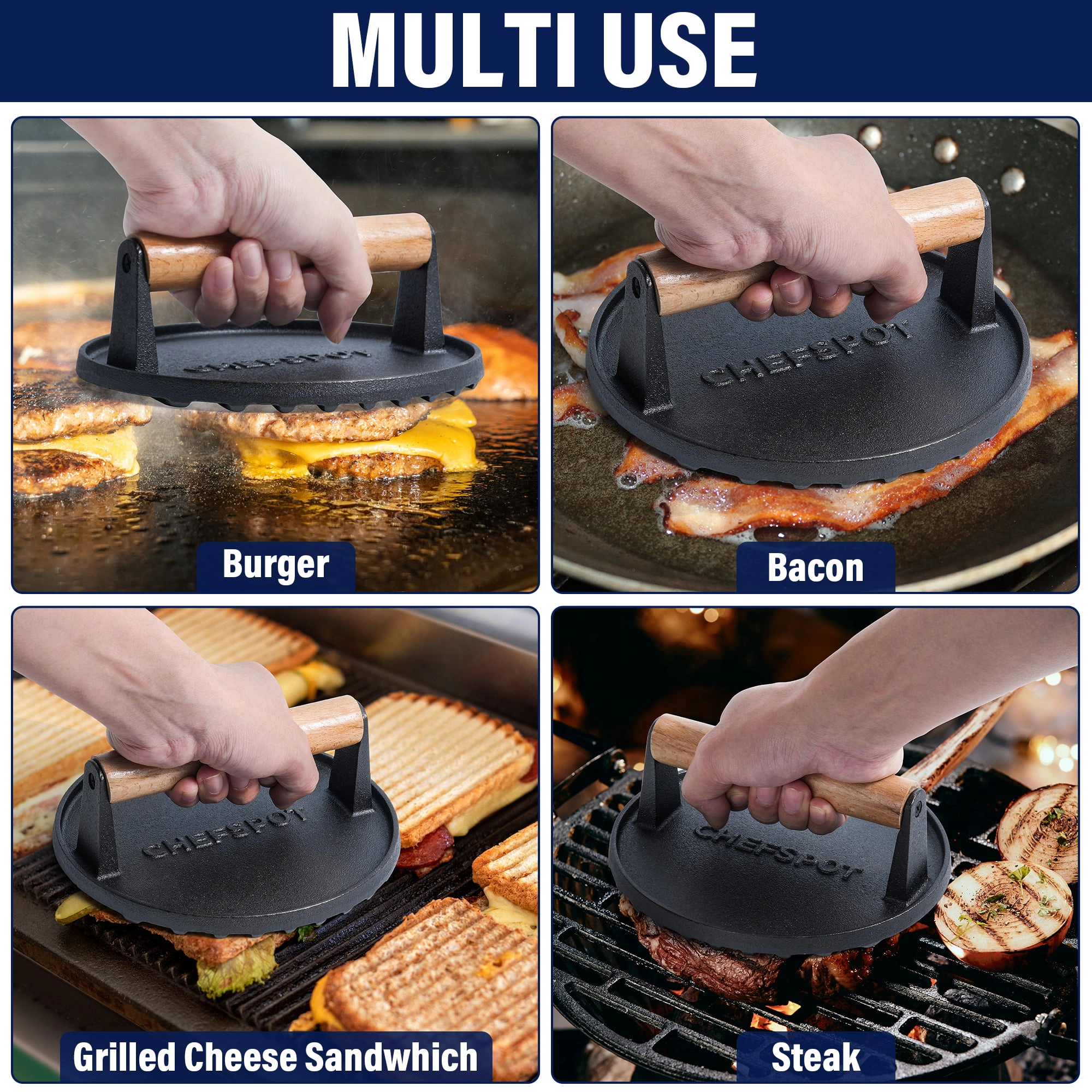 CHEFSPOT 7 Inch Cast Iron Burger Press With Wood Handle