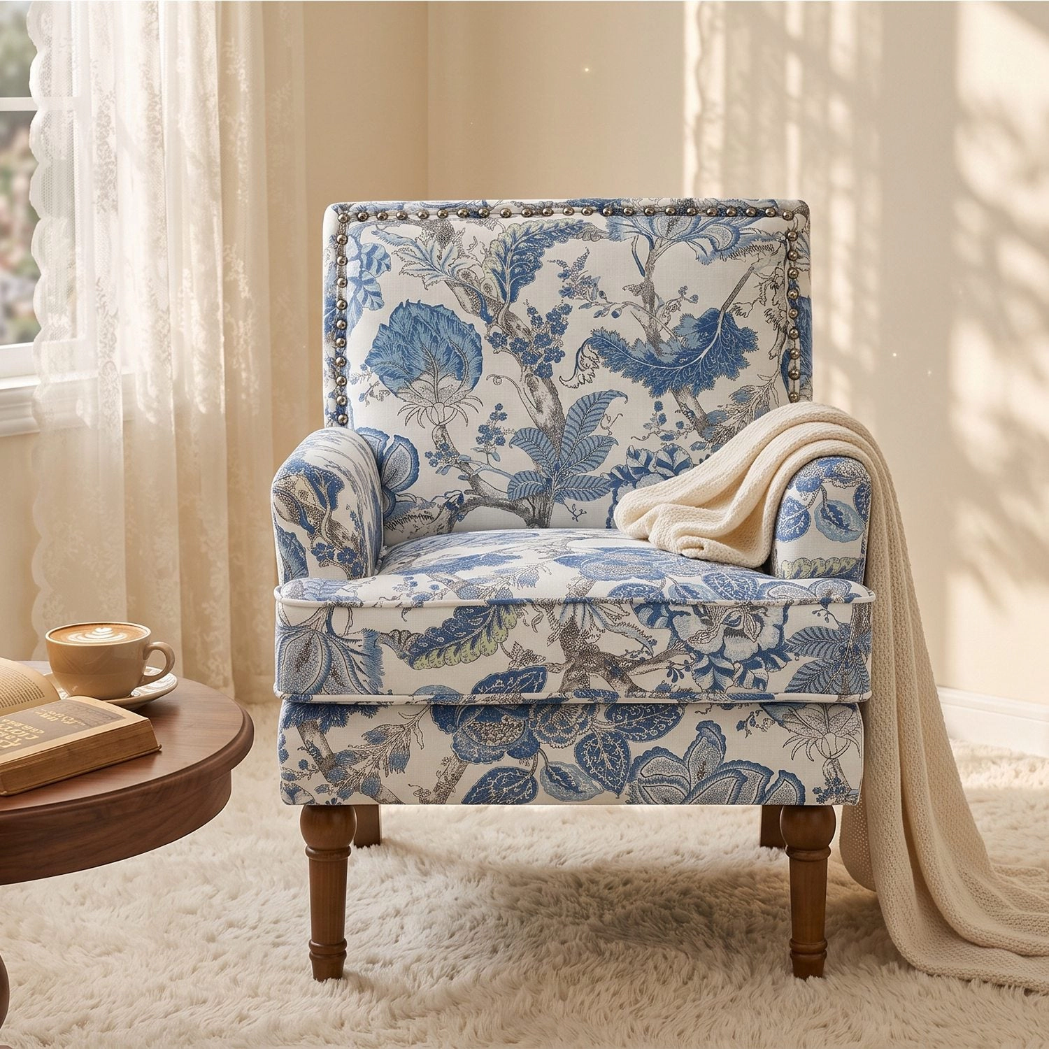 GBruno Floral Nailhead Accent Chair With Wood Legs