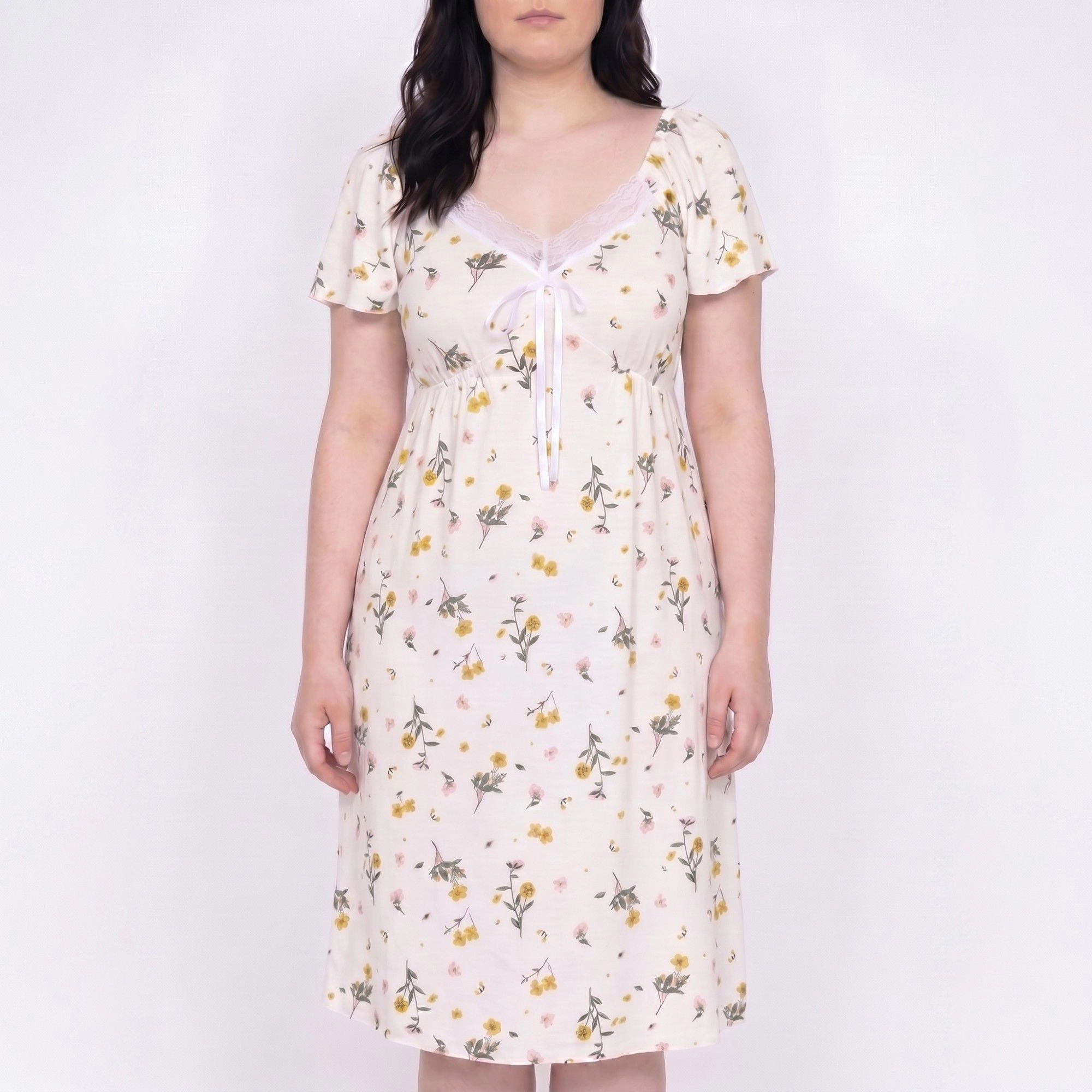 Anna-Kaci Women's Floral Midi Nightgown Short Sleeve Lace Trim V-Neck Tie Front Sleep Dress