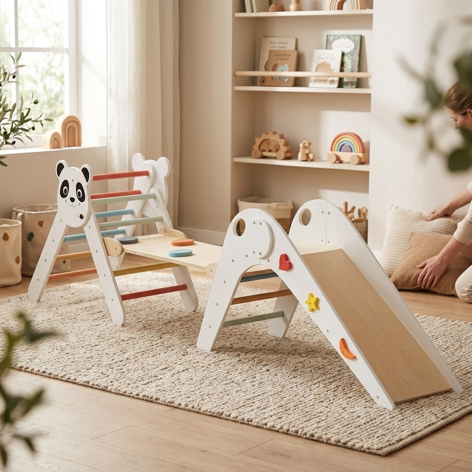 Foldable Kids Climbing Triangle Set Balance Bridge Rock Ramp Swivel Blocks 110-lb Per Piece Ages 3+ Panda Multicolor