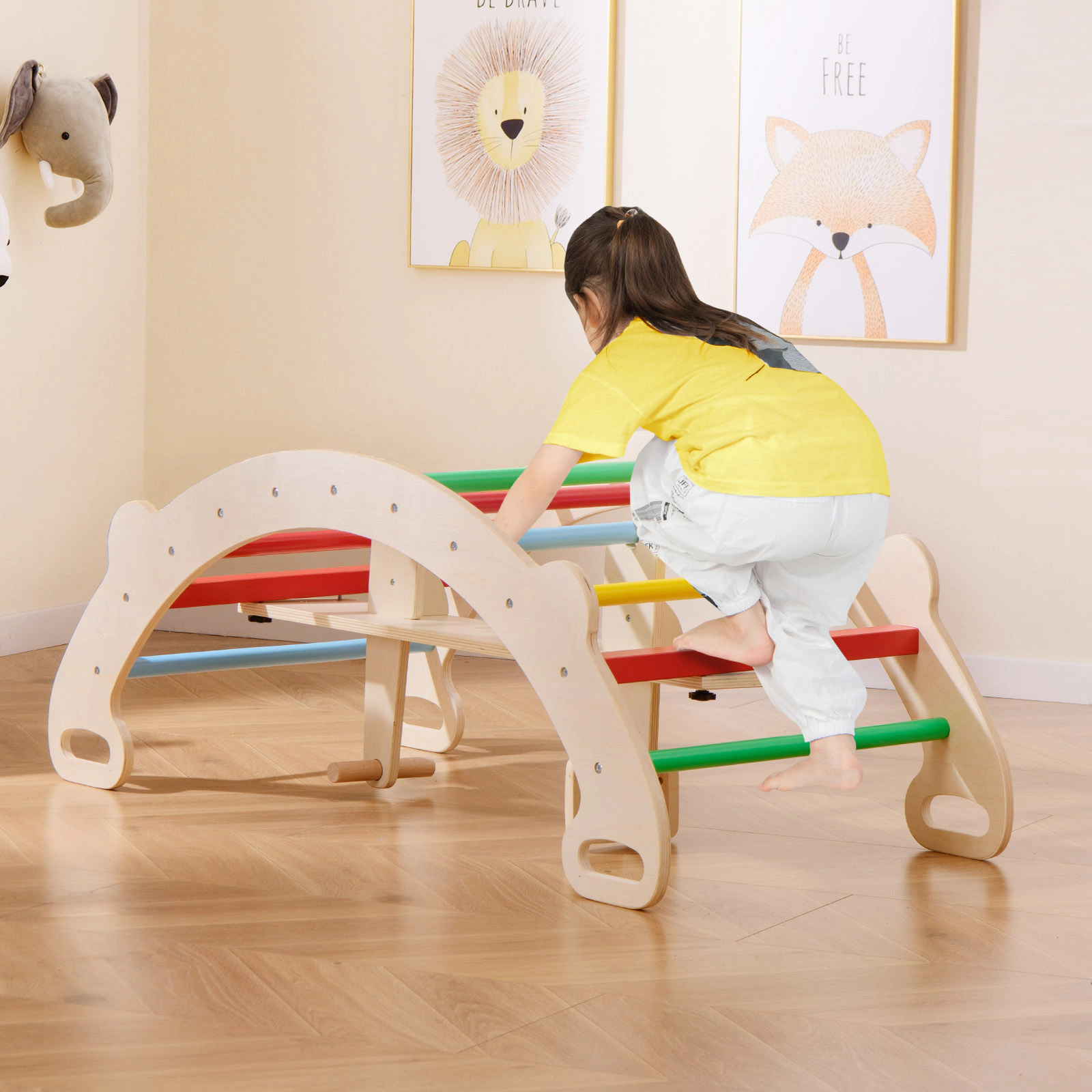 LJG Kids 4-in-1 Multifunctional Wooden Climbing Toys with Rocker and Crawling Tunnel