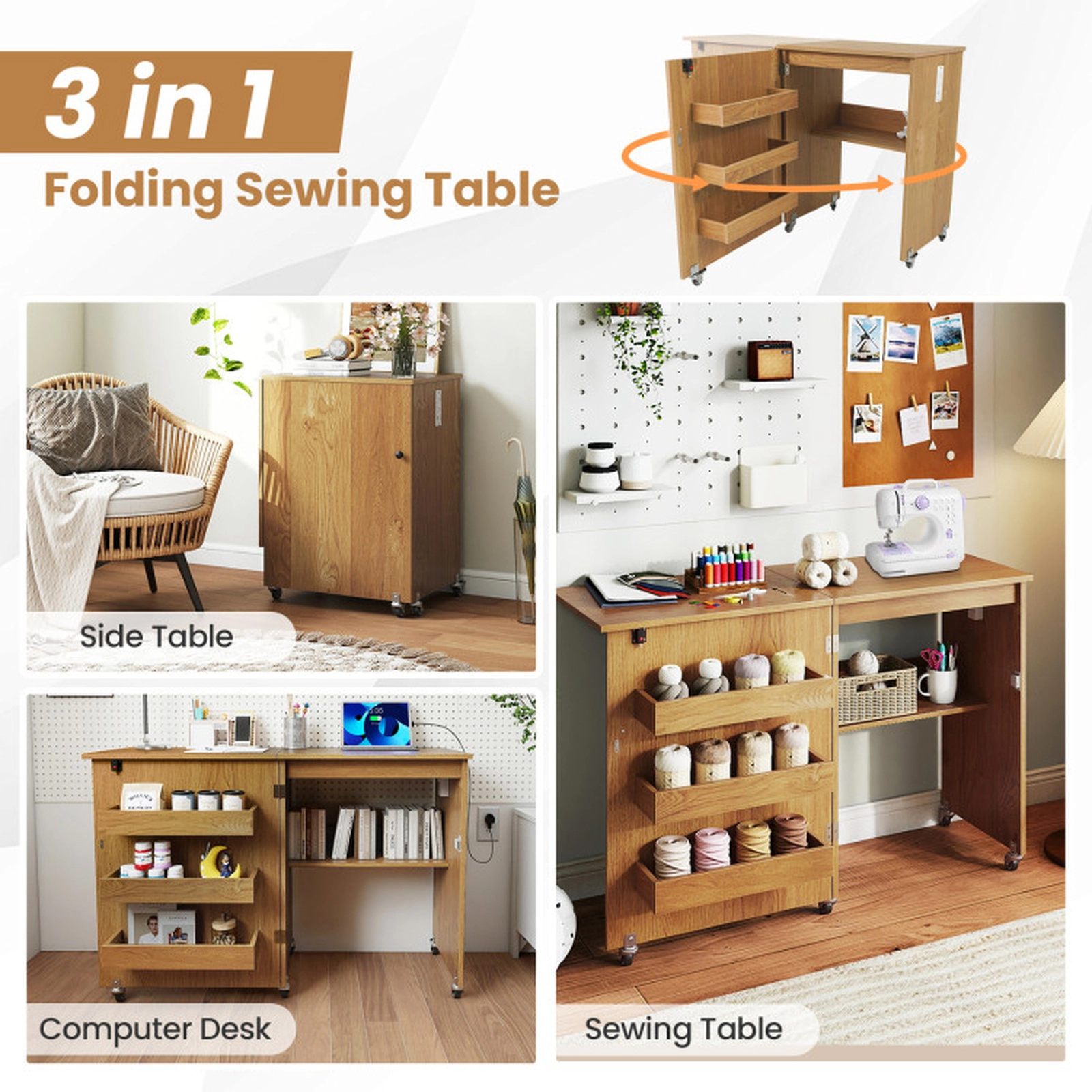 SUGIFT Folding Sewing Machine Desk with Charging Station and Lockable Casters 45-lb Capacity Brown/Natural/White &