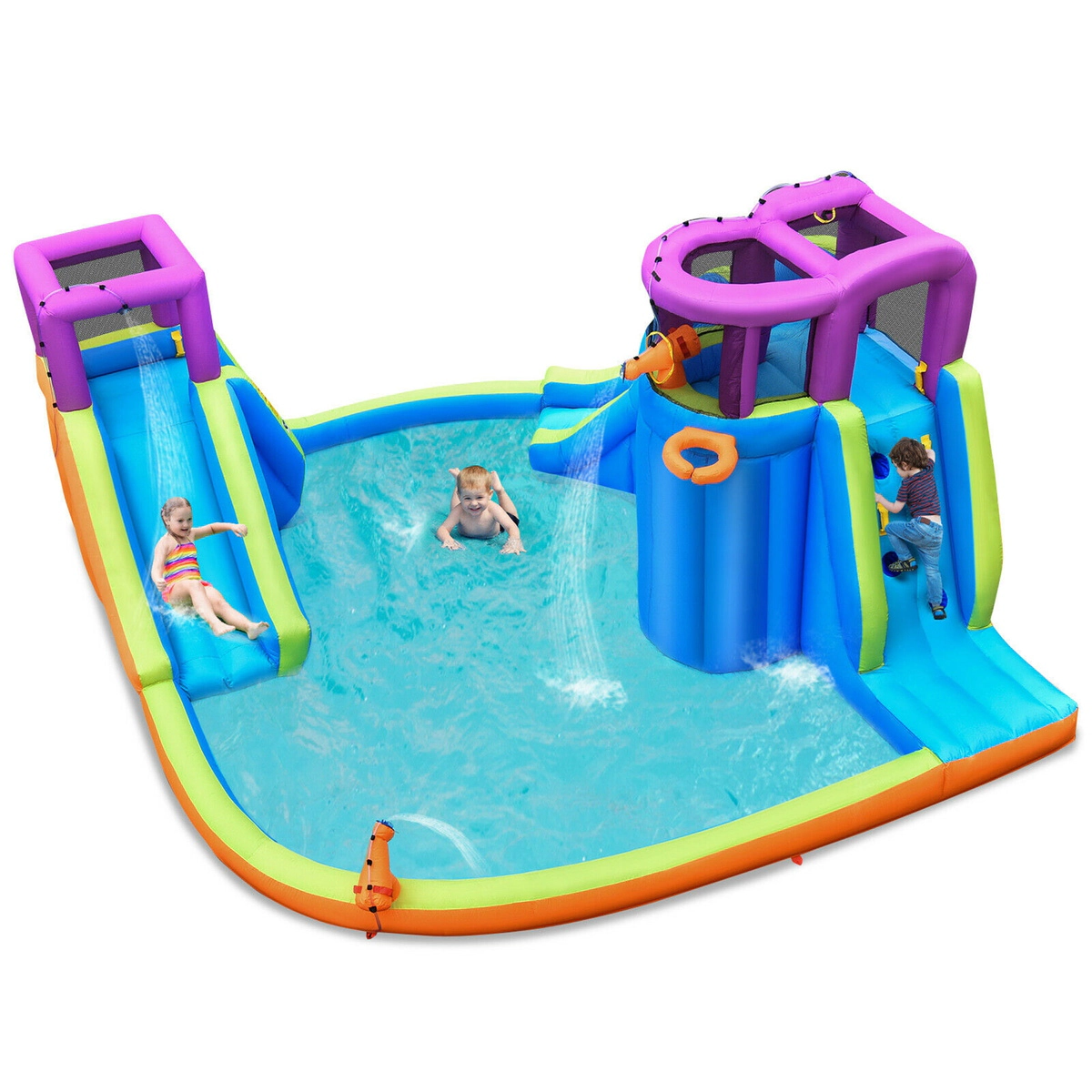 SUGIFT 6-in-1 180.5-in Inflatable Dual Water Slide Bounce House with Water Guns and Sprayers for Backyard
