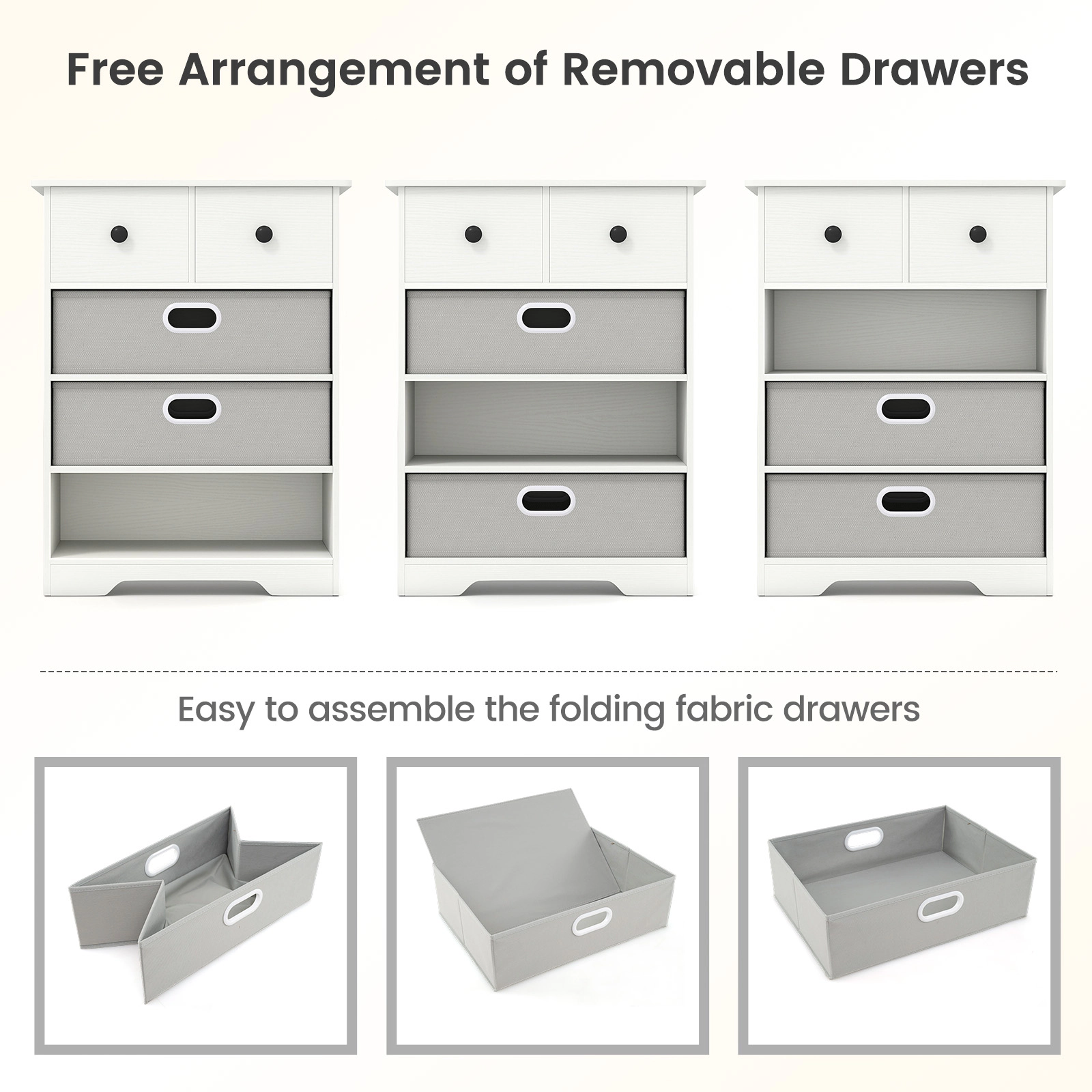 SUGIFT White Fabric Bins and Open Display Shelf 4-Drawer Dresser Chest