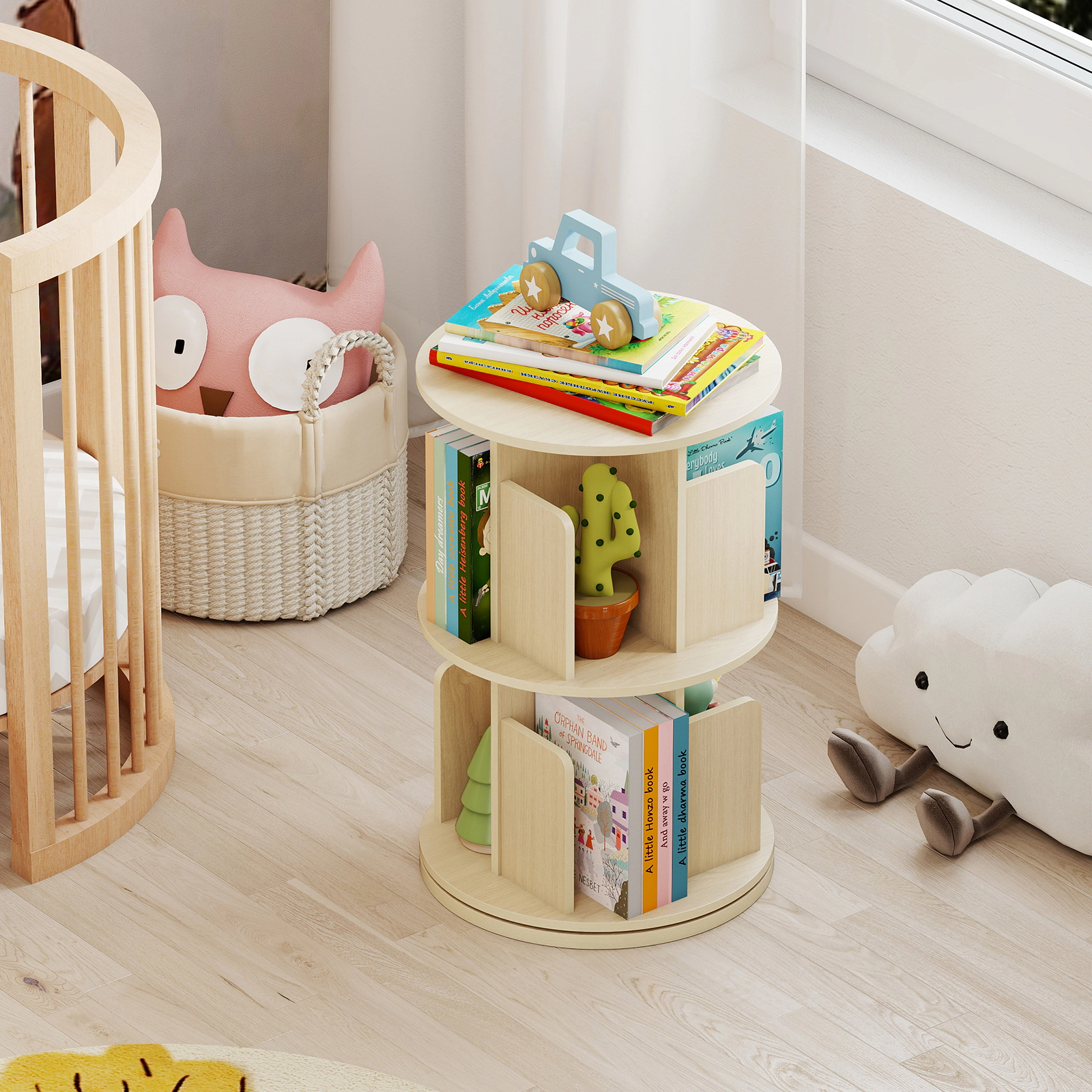 SUGIFT Natural 2-Tier Rotating Bookshelf with Dividers and Anti-Falling Baffles