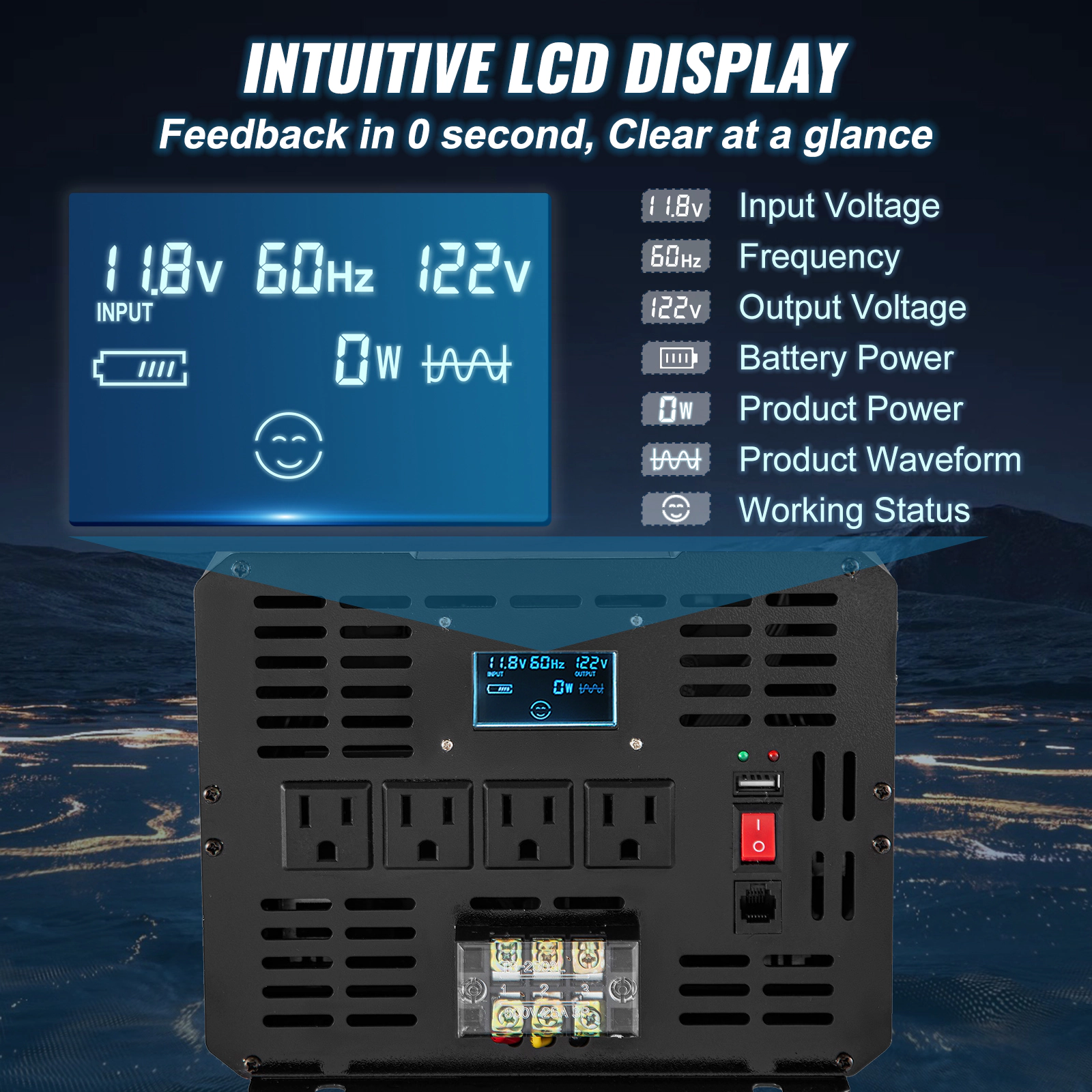 HONGGE Pure Sine Wave Inverter Power Inverter DC 12V to AC 120V Car Inverter with USB Port LCD Display and Remote