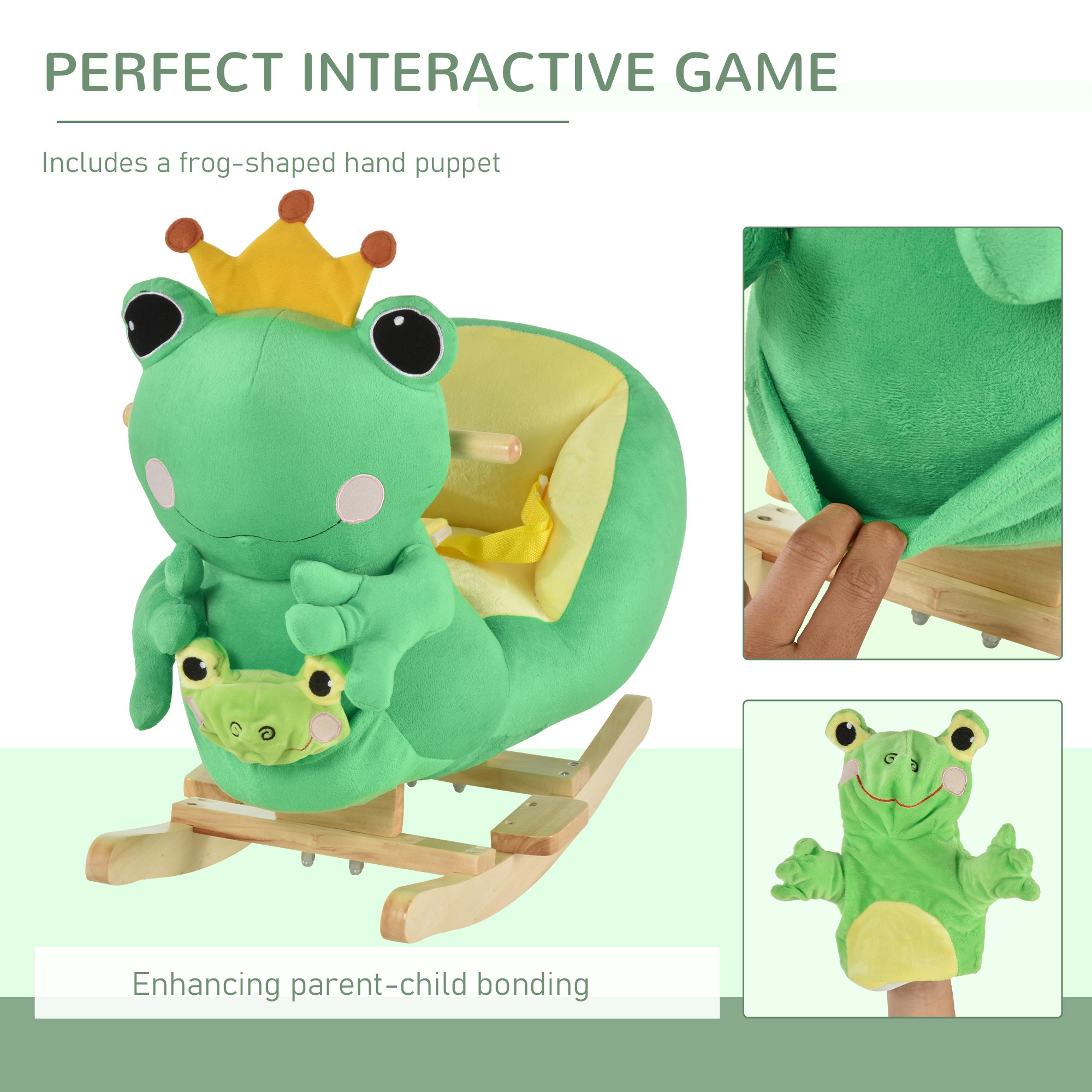 HONGGE Green Plush Frog Rocking Horse Ride-On Toy with Lullaby Sound and Seat Belt for Toddlers 18-36 Months
