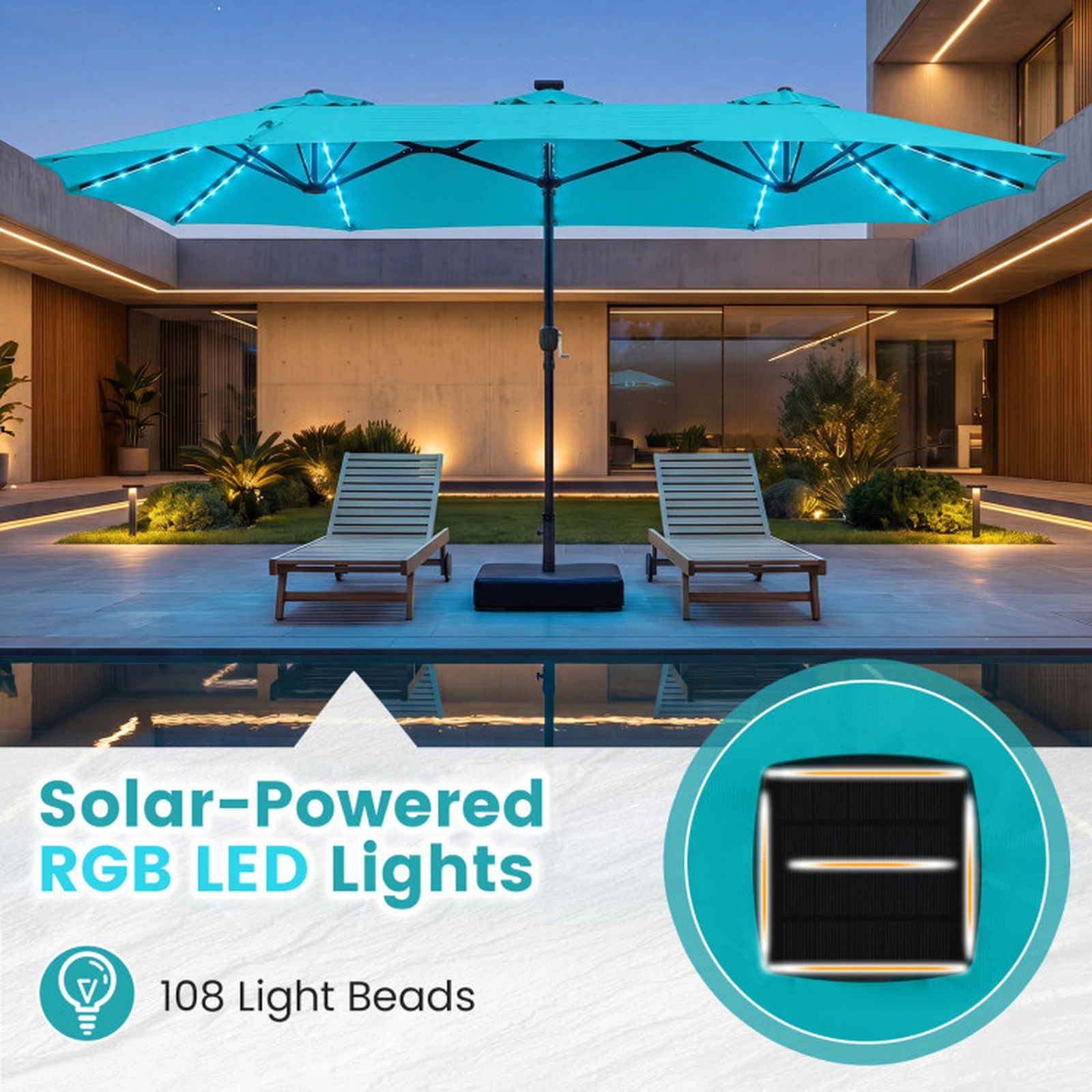 SUGIFT 13-ft Double-Sided Patio Umbrella with 108 LED Lights, Solar Panel, Crank Handle & 135-lb Fillable Base Turquoise