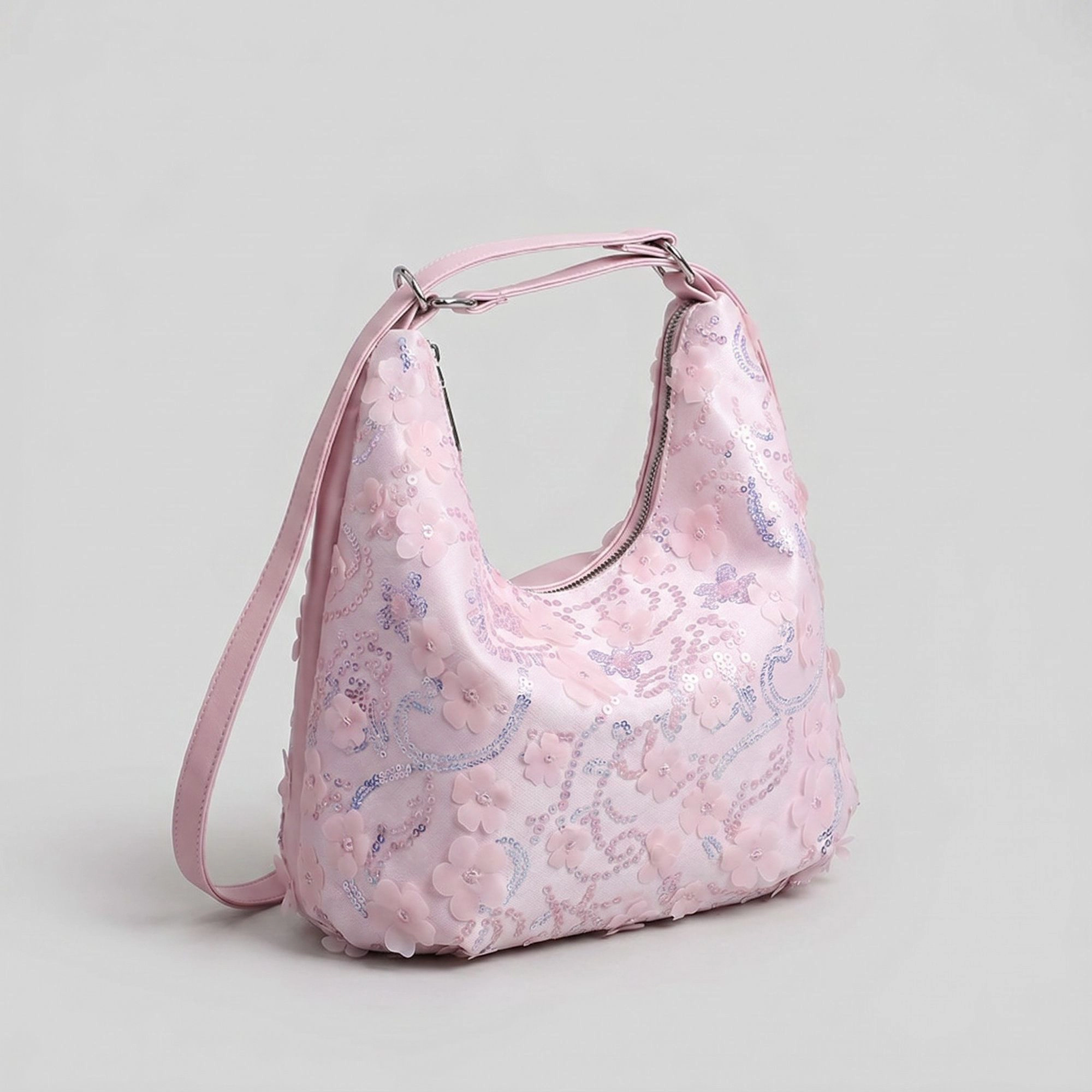 Alilang Women's Floral Sequin Hobo Shoulder Bag with 3D Applique Details and Adjustable Strap