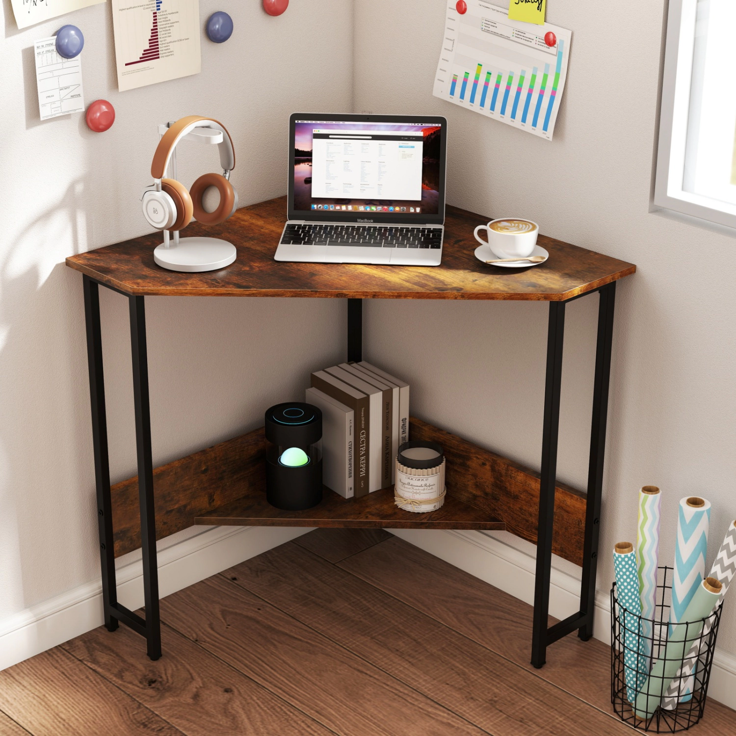 LJG Triangle Computer Corner Desk with Charging Station