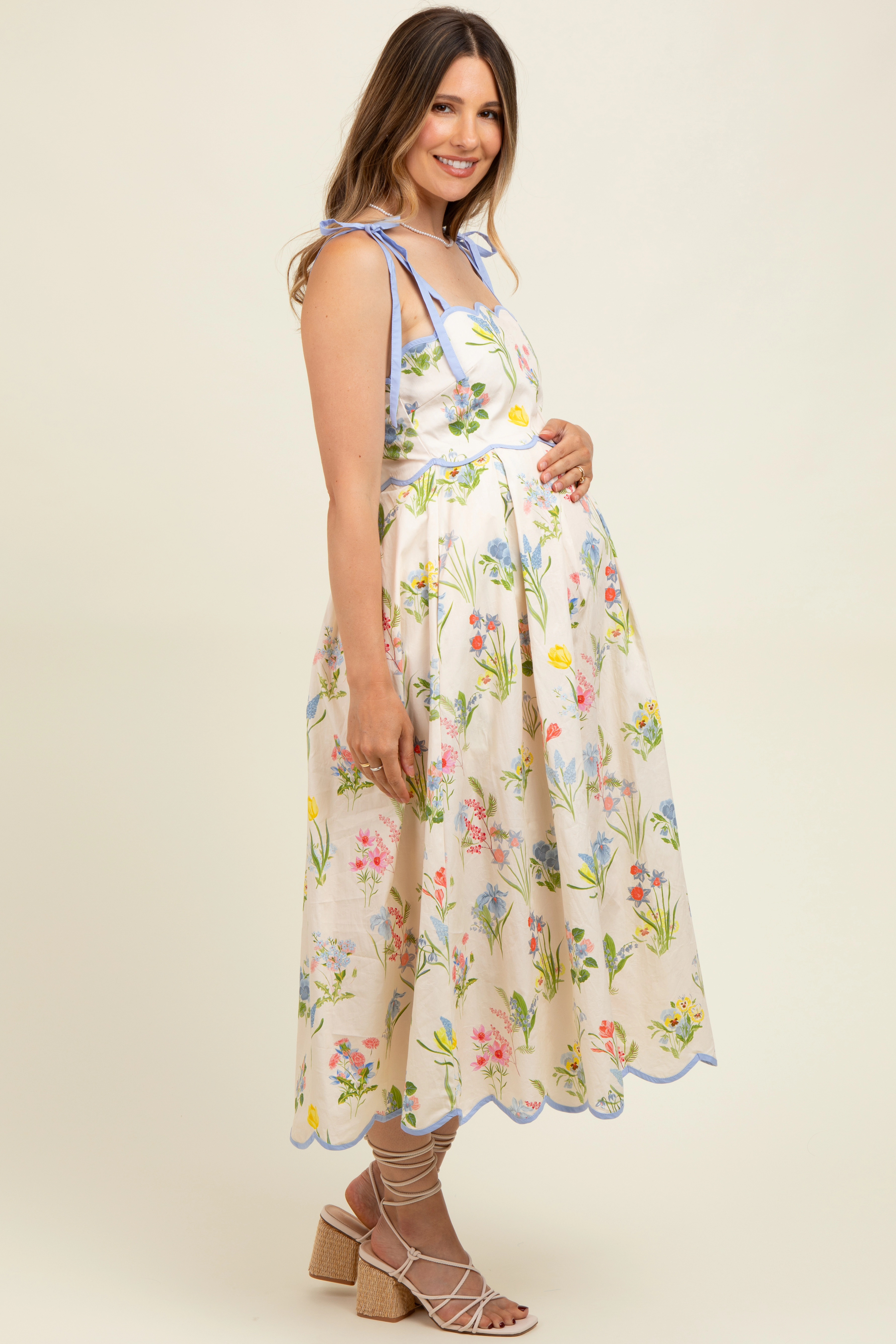 PinkBlush Womens Cream Floral Shoulder Tie Scallop Trim Maternity Midi Dress