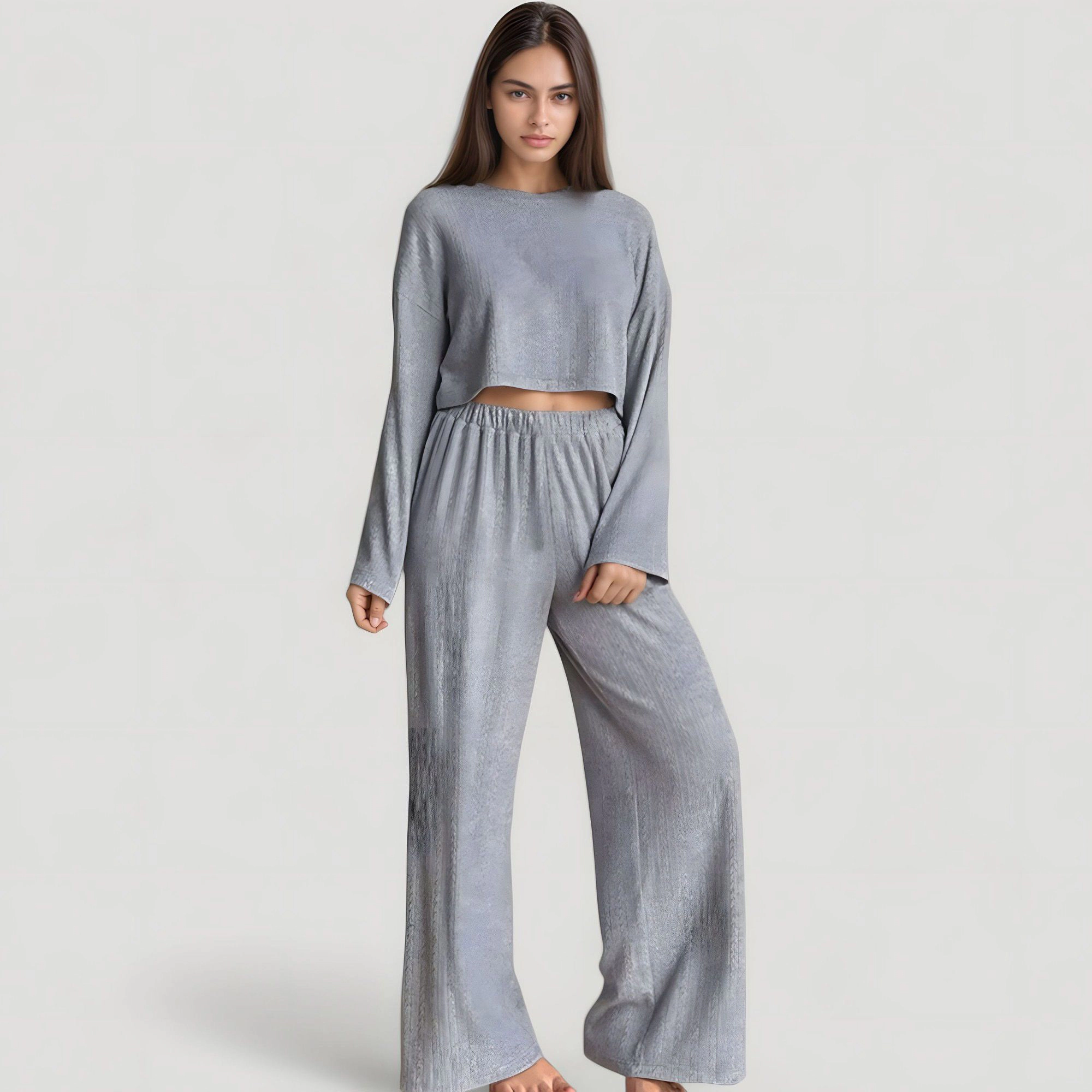 Anna-Kaci Women's Ribbed Knit Long Sleeve Crop Top and Wide Leg Lounge Pants Two-Piece Pajama Set