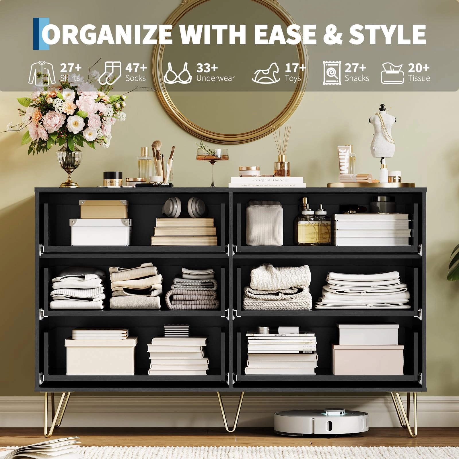 47" Wide Fluted 6 Drawer Dresser with Metal Handles, Modern Wood Storage Chest