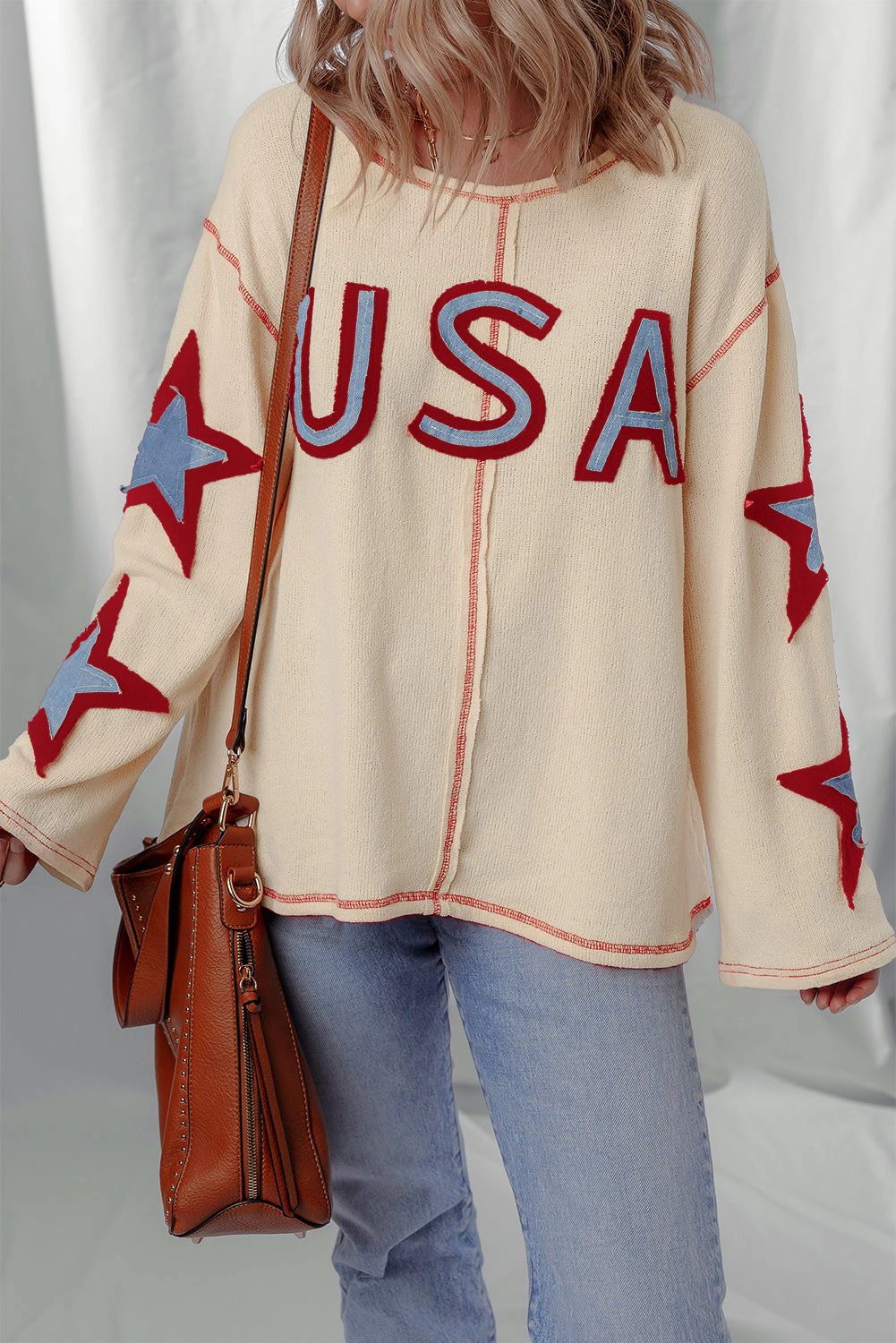 Threaded Pear Women's USA Patchwork Exposed Seam Long Sleeve Top