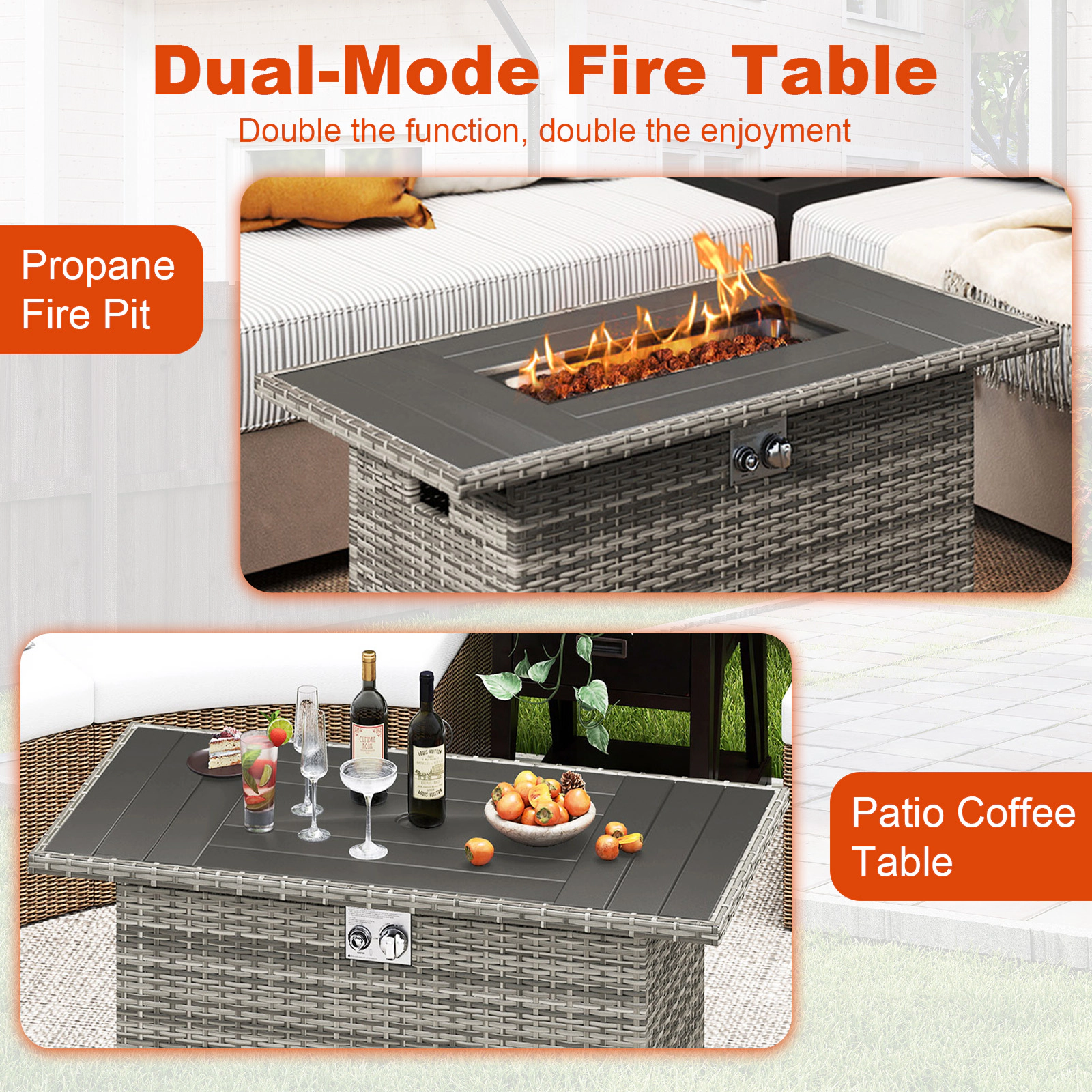 SUGIFT 44.5-In Gray Wicker Propane Fire Pit Table with Coffee Table Lid and Rain Cover