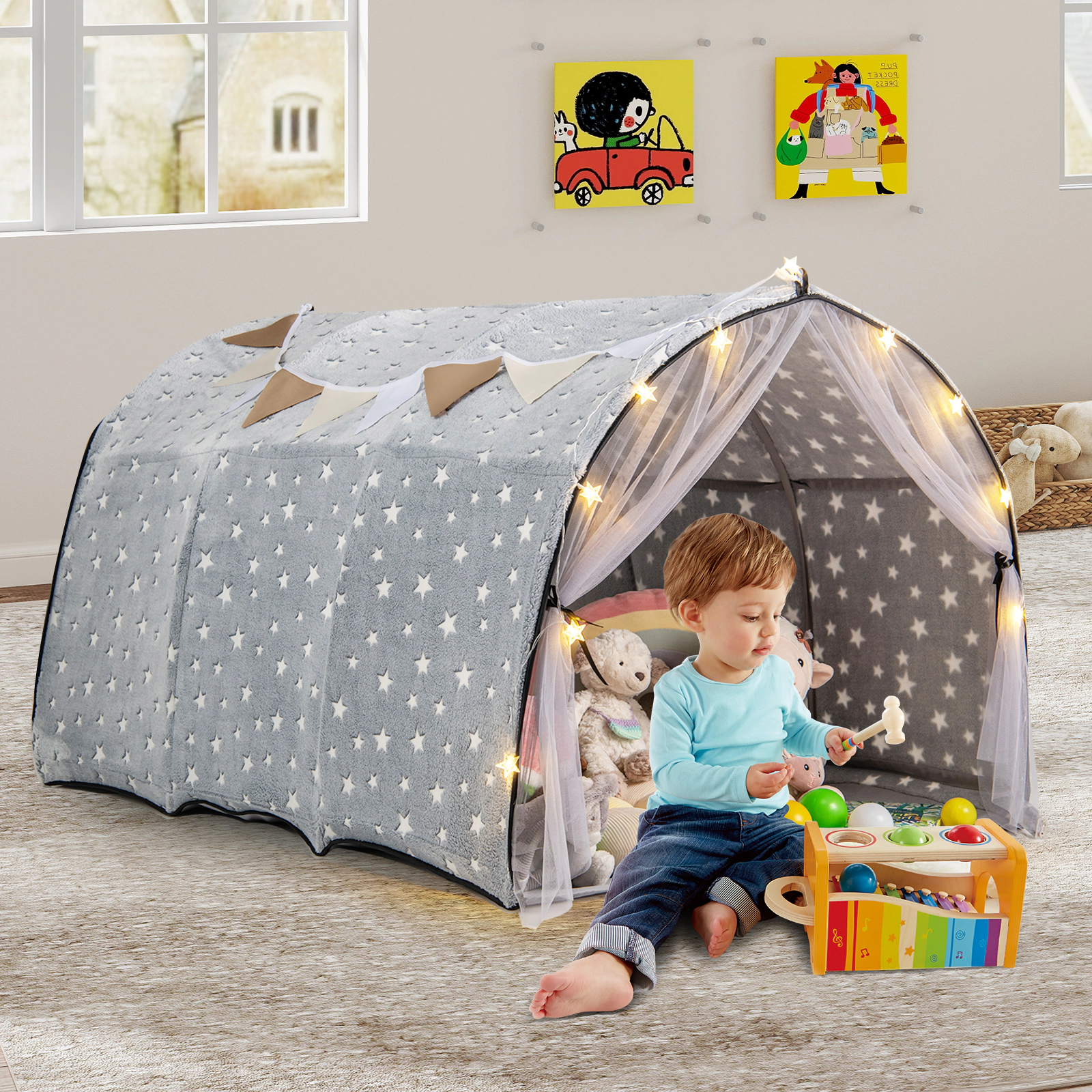 Kids Bed Tent for Twin Bunk Bed with Glow in the Dark Stars and Star Light String 54-in Flannel Privacy Canopy Gray