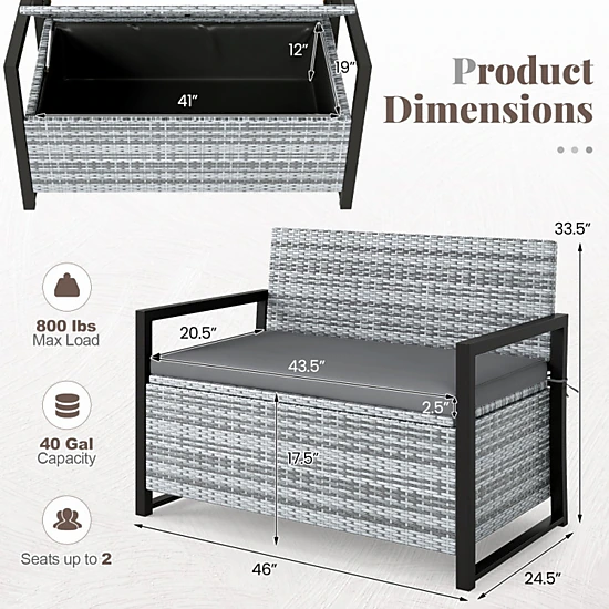 SUGIFT Gray 40-Gallon 800-lb Capacity Wicker Outdoor Storage Bench Loveseat with Cushion and Liner