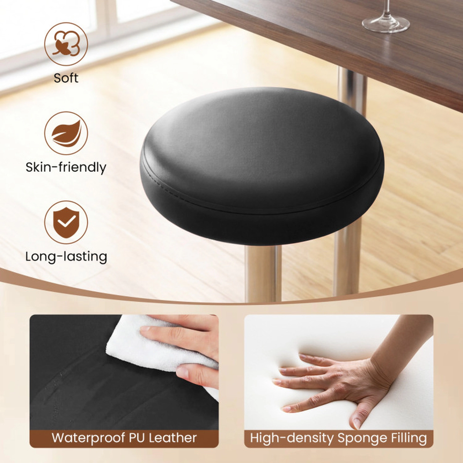 SUGIFT Black Adjustable-Height Backless Swivel Bar Stool with PU Leather Seat and Footrest