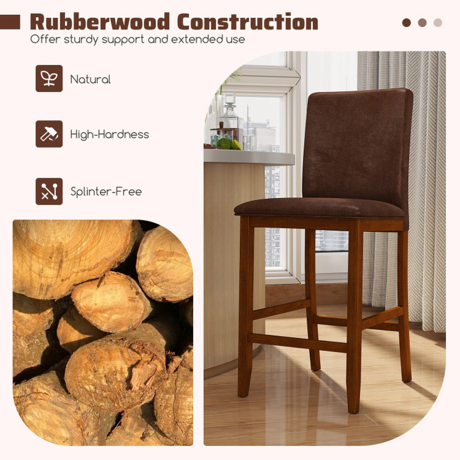 SUGIFT Soft Upholstered Counter Barstools with Rubberwood Legs 330-lb Capacity 26-in Seat Height Walnut + Brown Set of 2