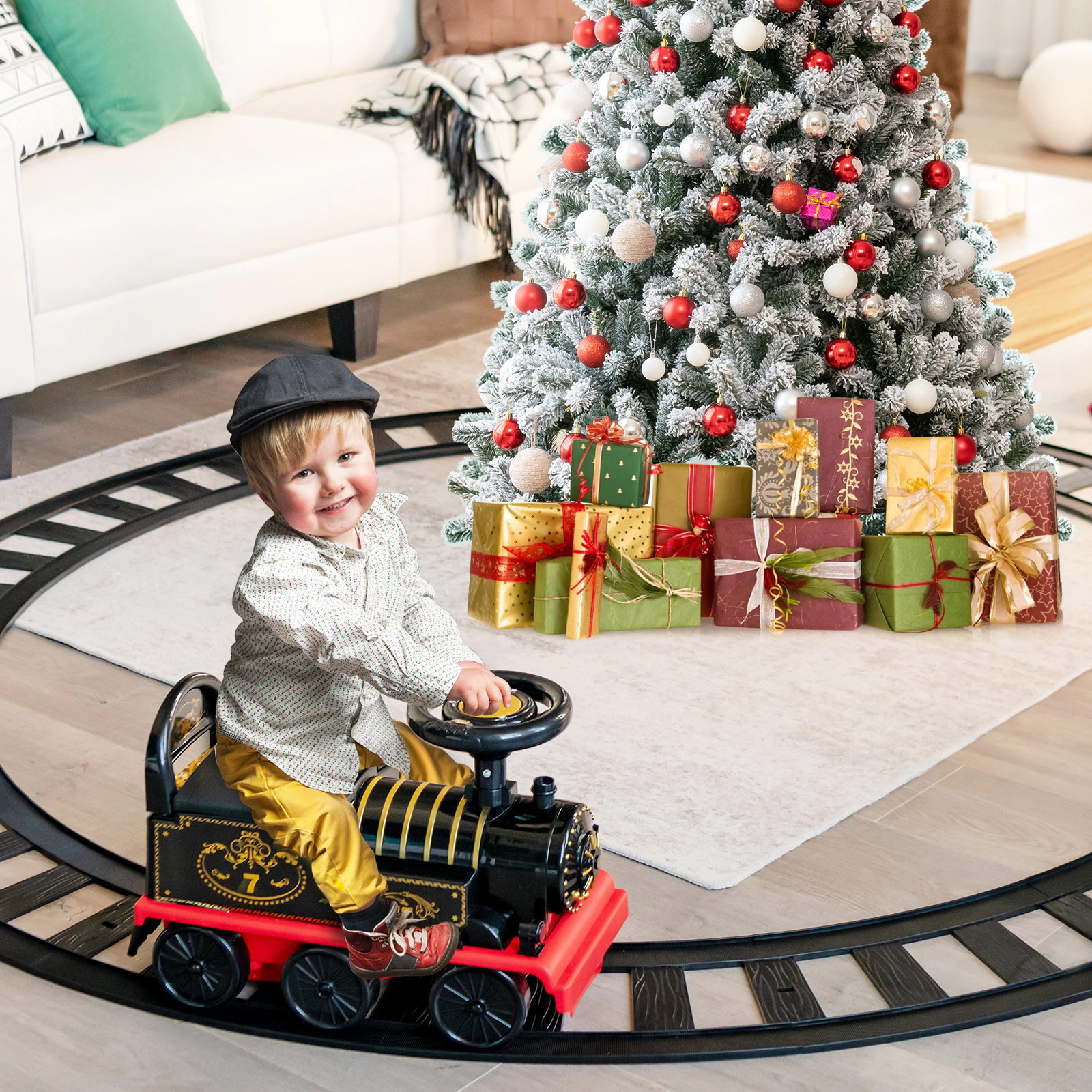 Costway 6V Electric Kids Ride On Train Motorized Toy w/ Track & 6 Wheels Blue