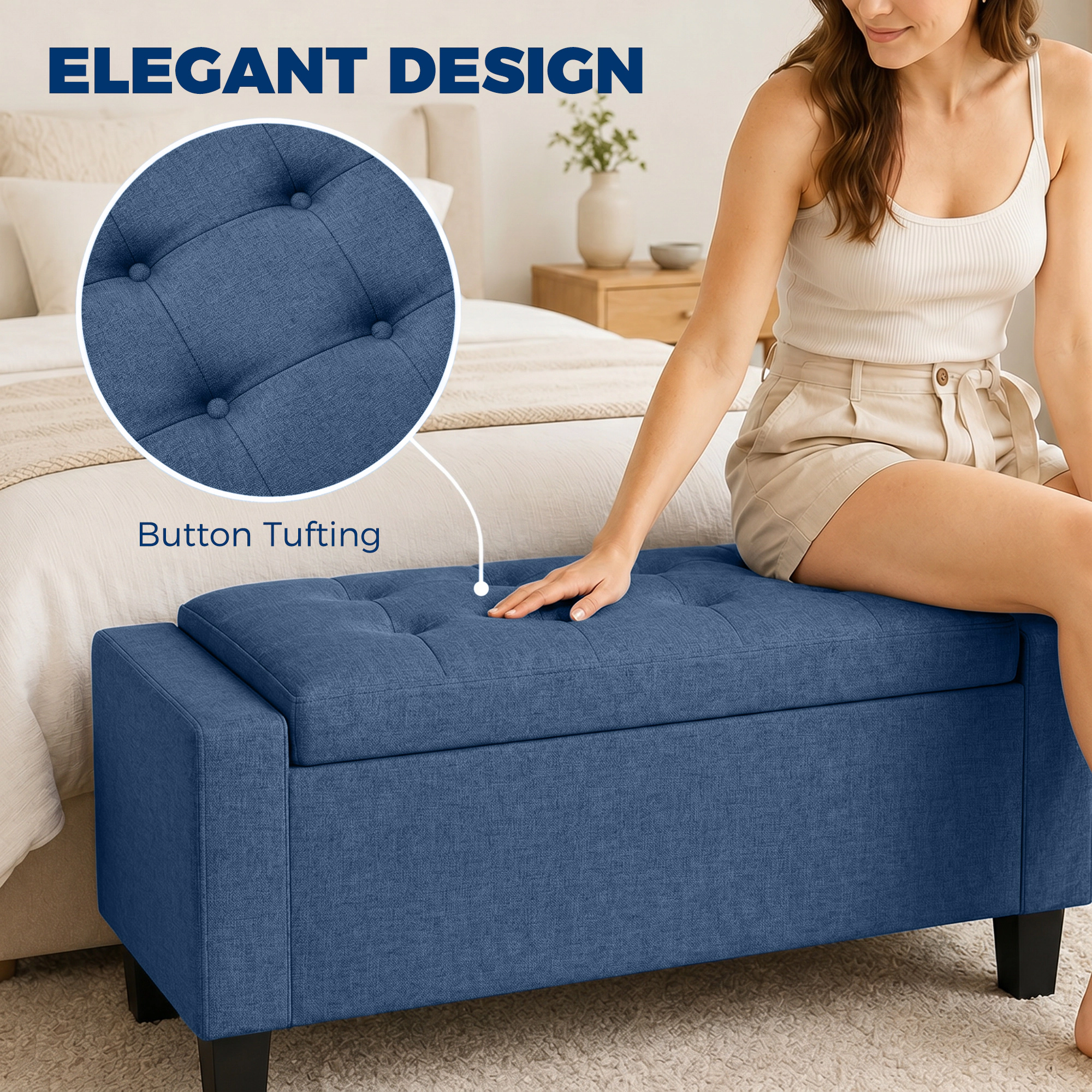 Hivvago Storage Ottoman Bench With Tufted Armrests And Wooden Legs