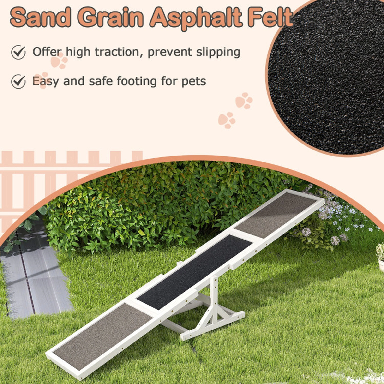 SUGIFT Wooden Dog Agility Seesaw Pet Bed and Training Ramp 66-lb Capacity Outdoor Obstacle Course Toy Gray/White