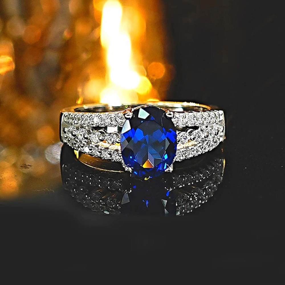 Oval Sapphire Ring Double Band Royal Blue Statement Ring
