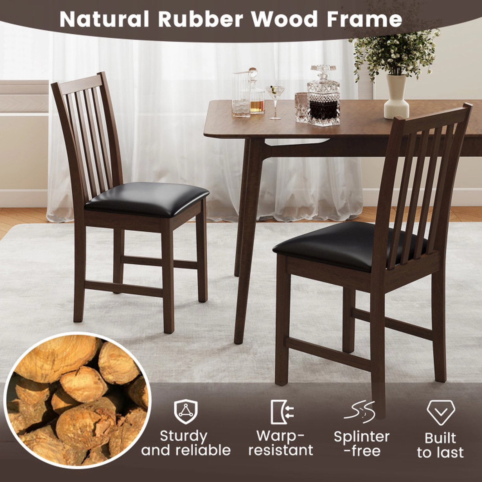 SUGIFT Rubber Wood Dining Chair Set of 2 with Padded PVC Leather Seat 330-lb Capacity Brown+Black