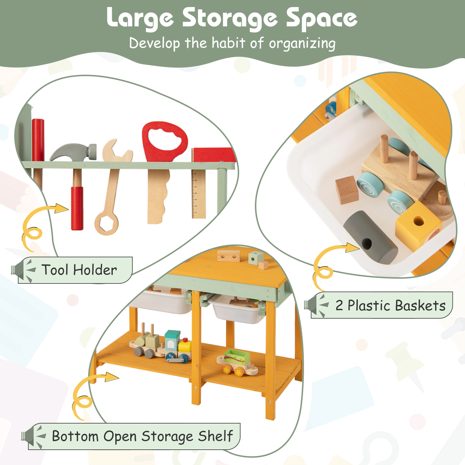 Hivvago Kids Wooden Toy Workbench with Storage Space and Blackboard