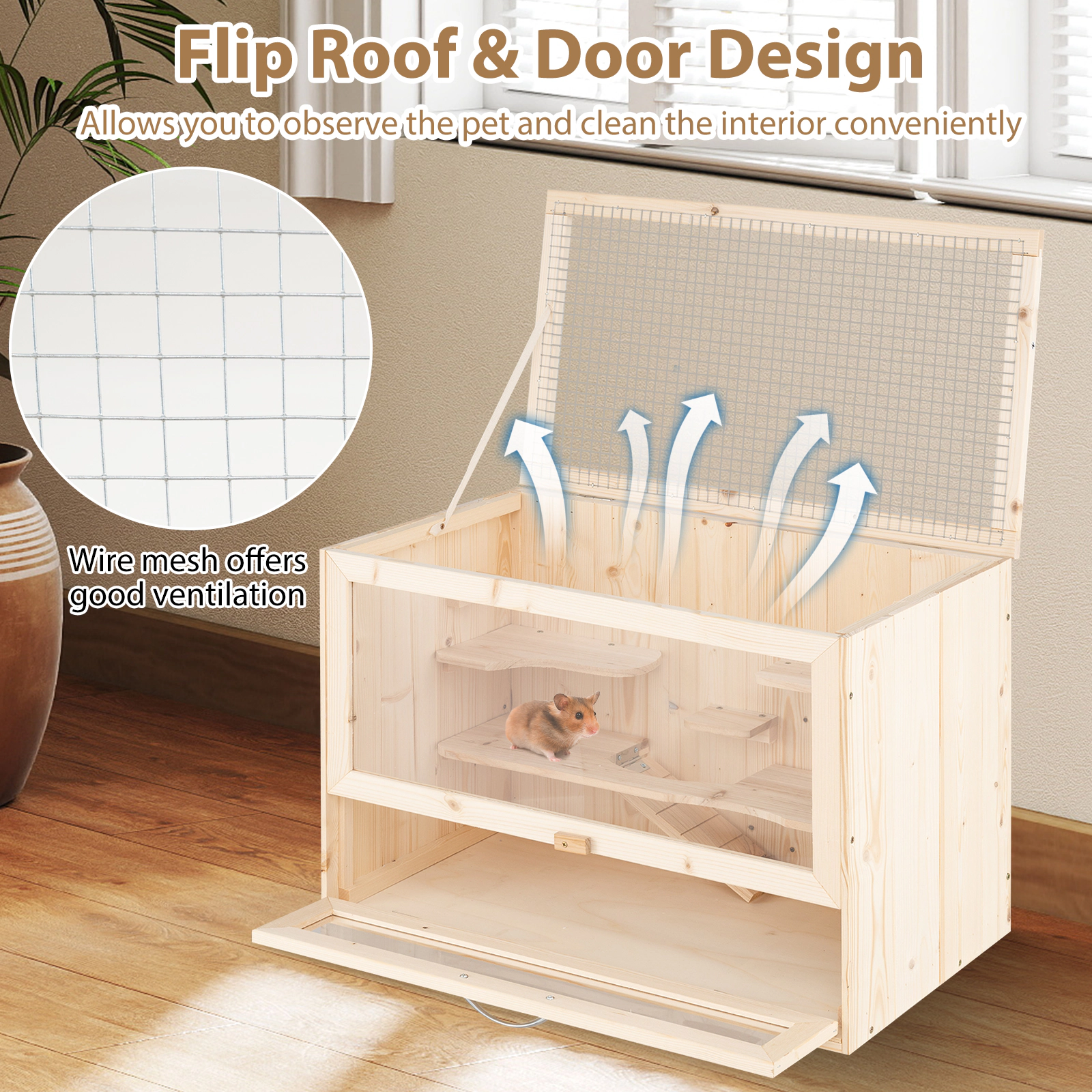 23.5-in Wooden Hamster Cage Mesh Flip Roof Fir Wood and Acrylic Small Animal Habitat Ladder Shelf Storage Rack Natural