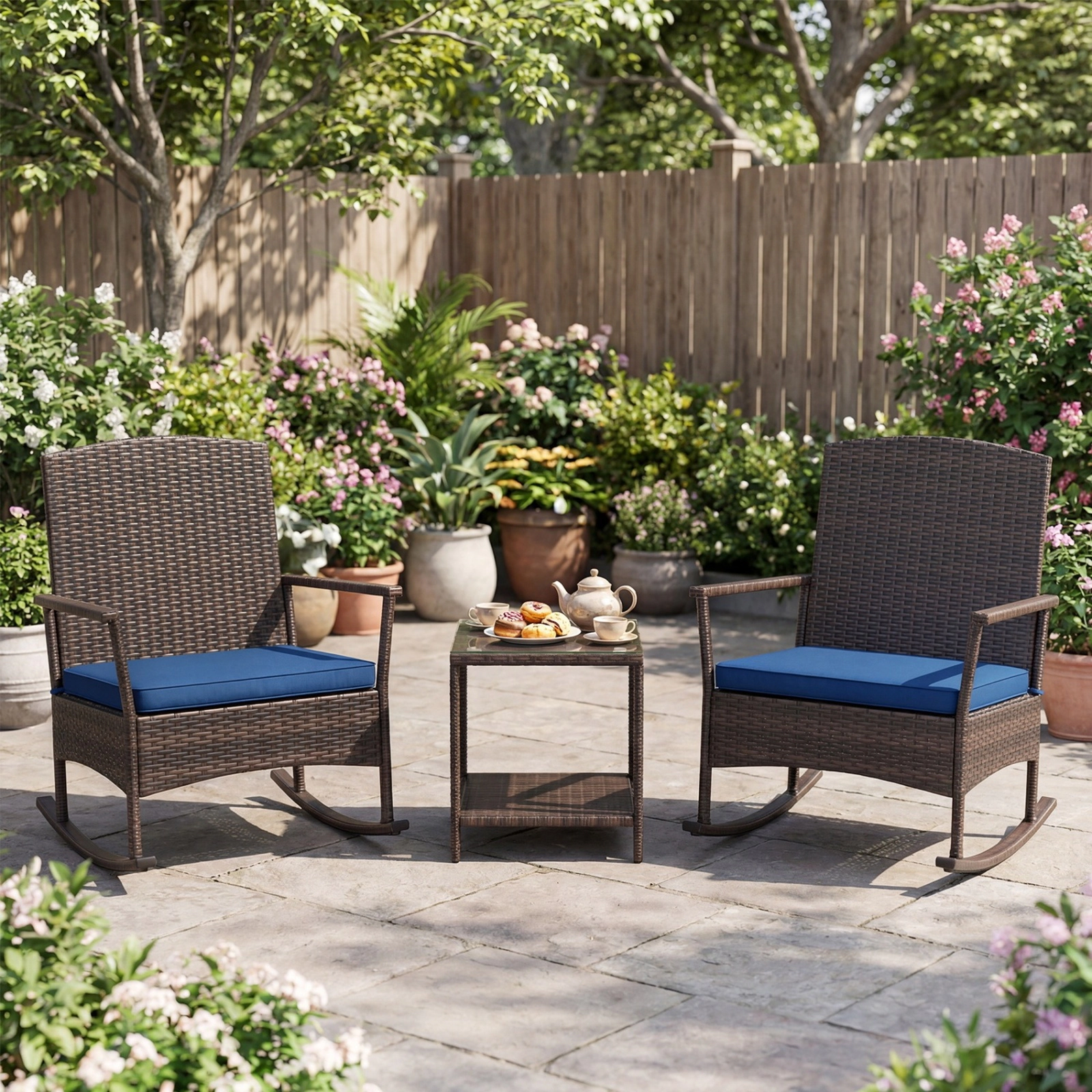 SUGIFT 3 Piece PE Rattan Patio Rocking Conversation Set 400-lb Rocking Chairs & 2-Tier Tempered Glass Coffee Table Navy