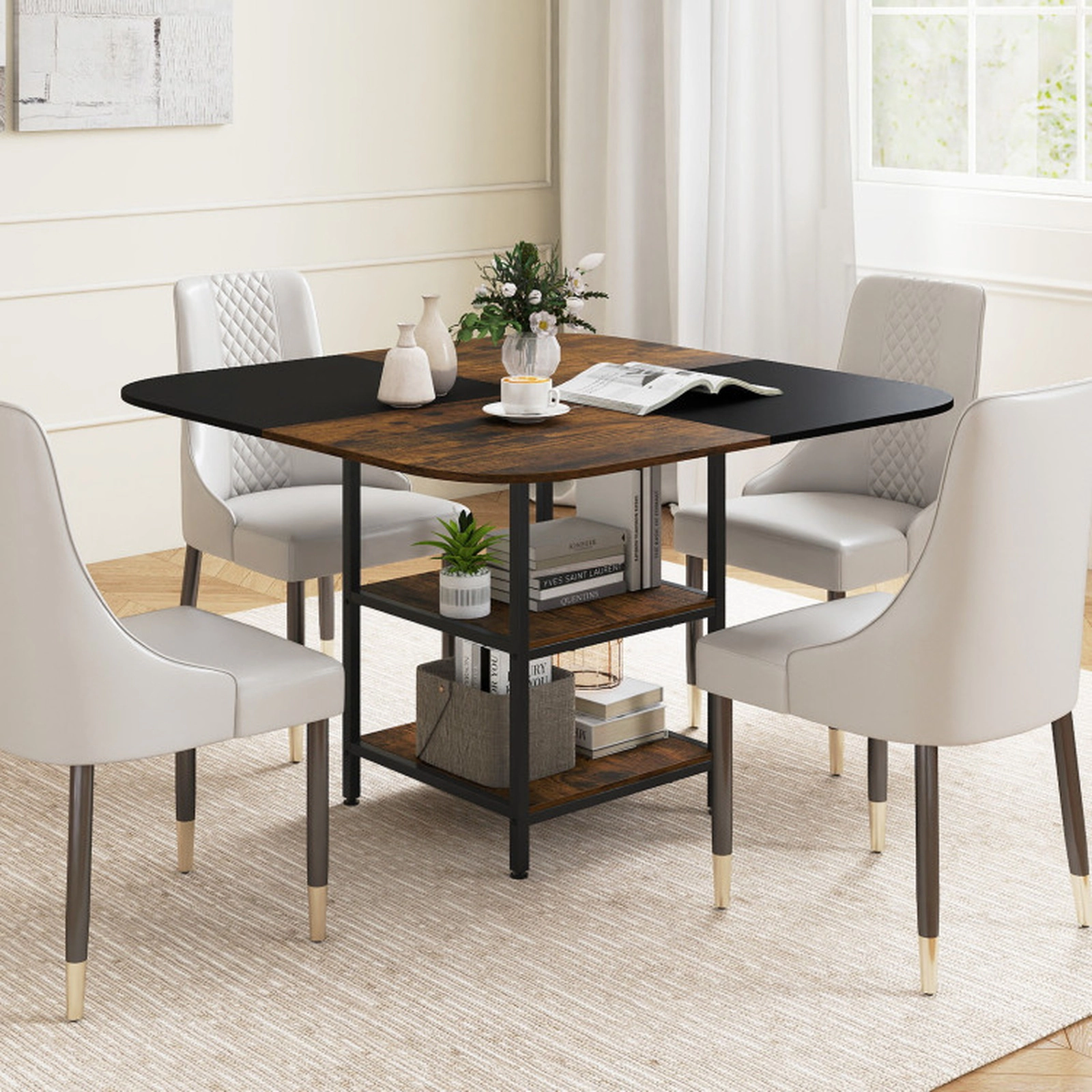 SUGIFT 47.5-Inch Rustic Brown Square Dining Table with 2 Storage Shelves