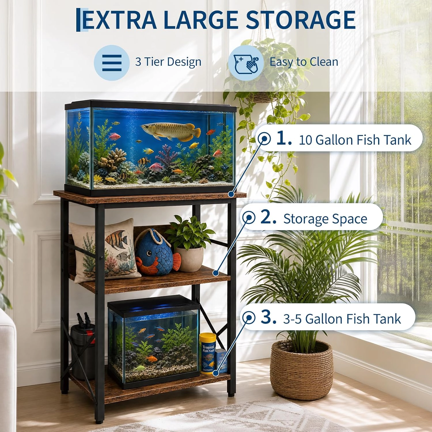 10 Gallon Aquarium Stand, 3-Tier Metal Wood Fish Tank Support with Storage Shelves, Brown