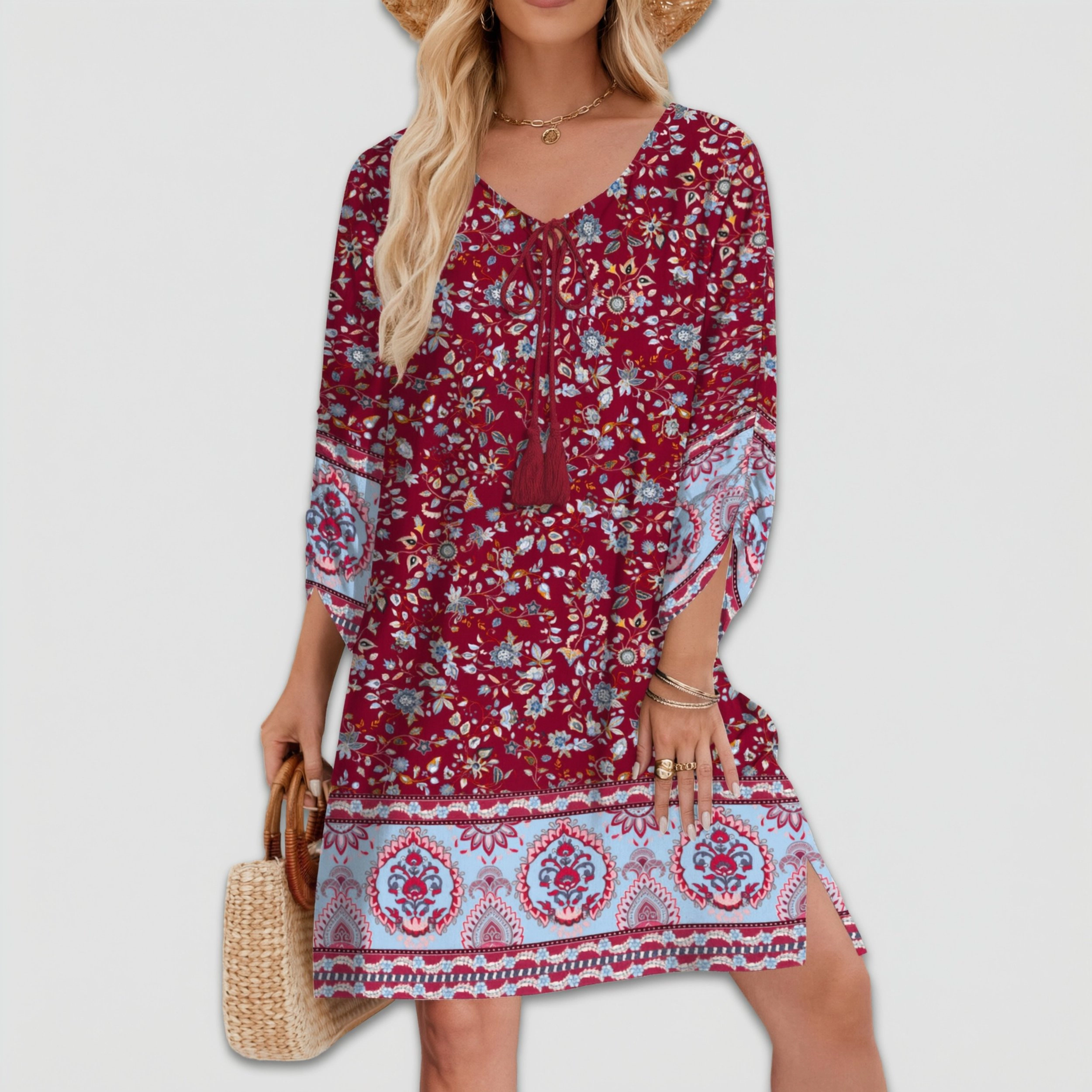 Zeagoo Women's Split Tie Neck Three Quarter Sleeve Knee Length Dress