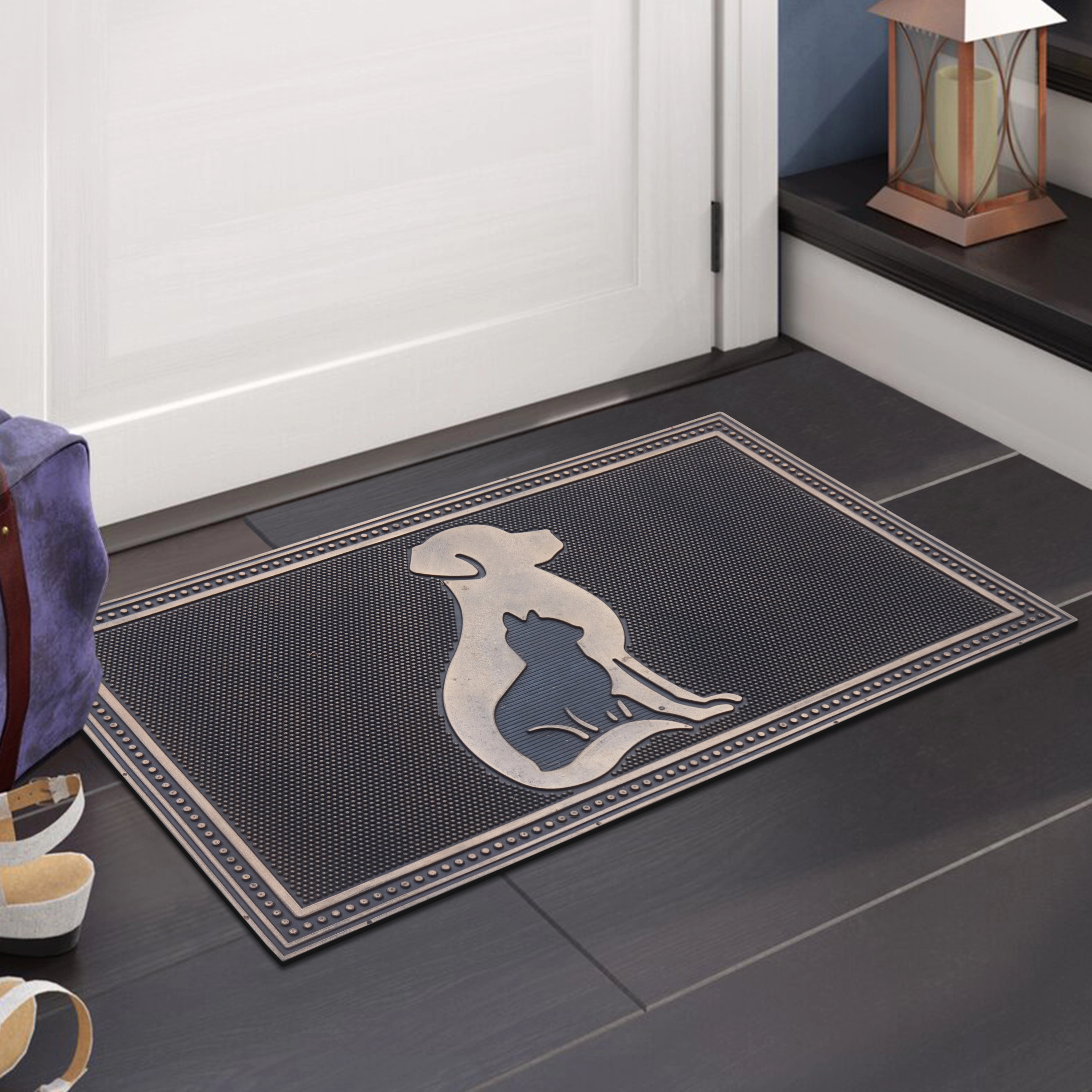 A1 Home Collections Dog and Cat Bronze Rubber Welcome Doormat Non-Slip Indoor Outdoor Entry Mat 18 x 30 In
