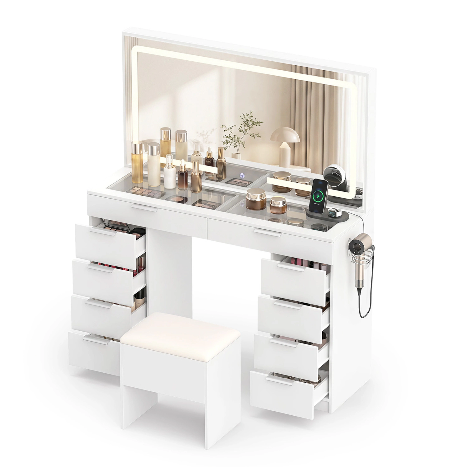 LJG Vanity Desk with Mirror & Lights and Stool with Charging Station for Makeup