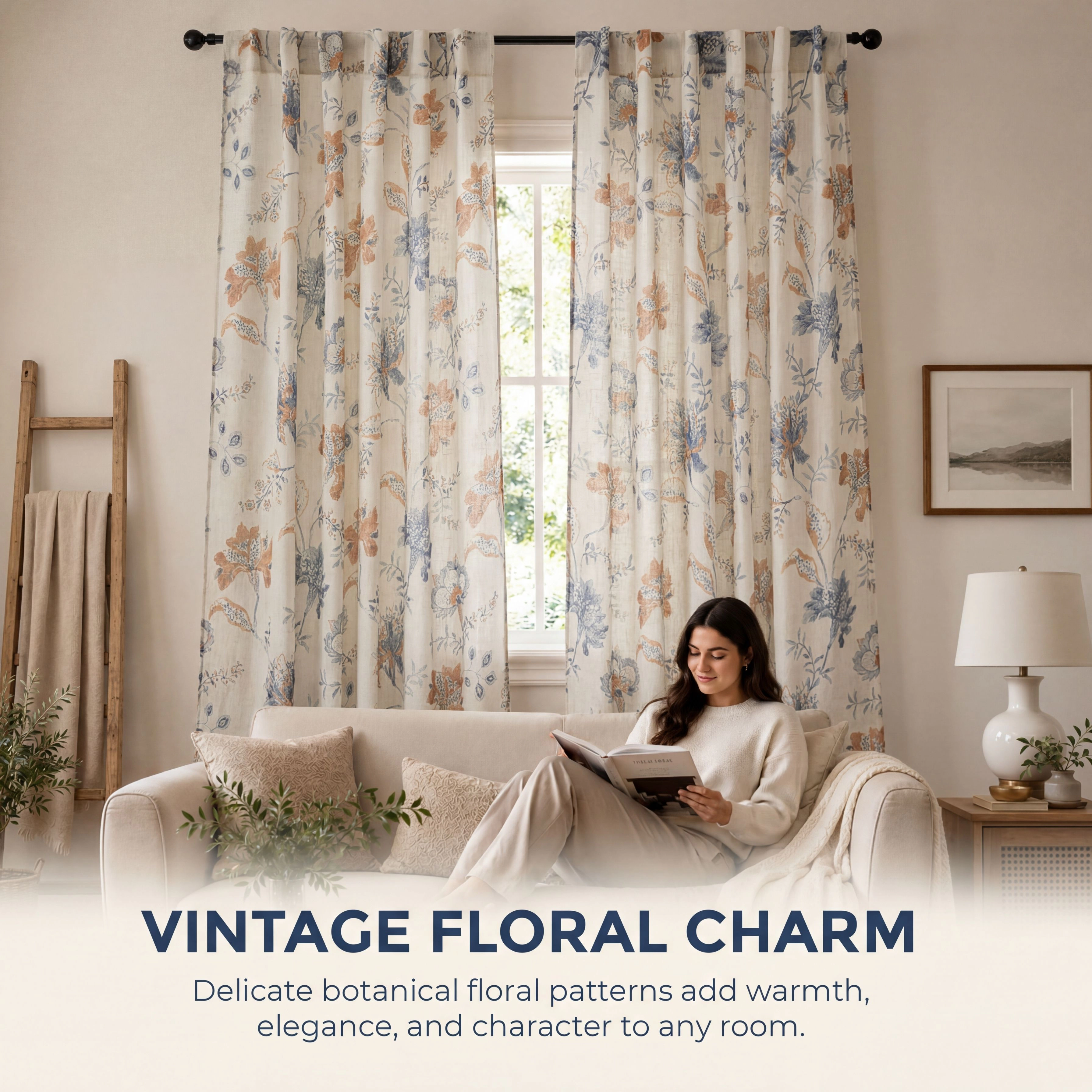 HLC.ME Spring Bloom Linen Floral Print Patterned Curtains - Back Tab Pocket Window Flower Panels Set of 2