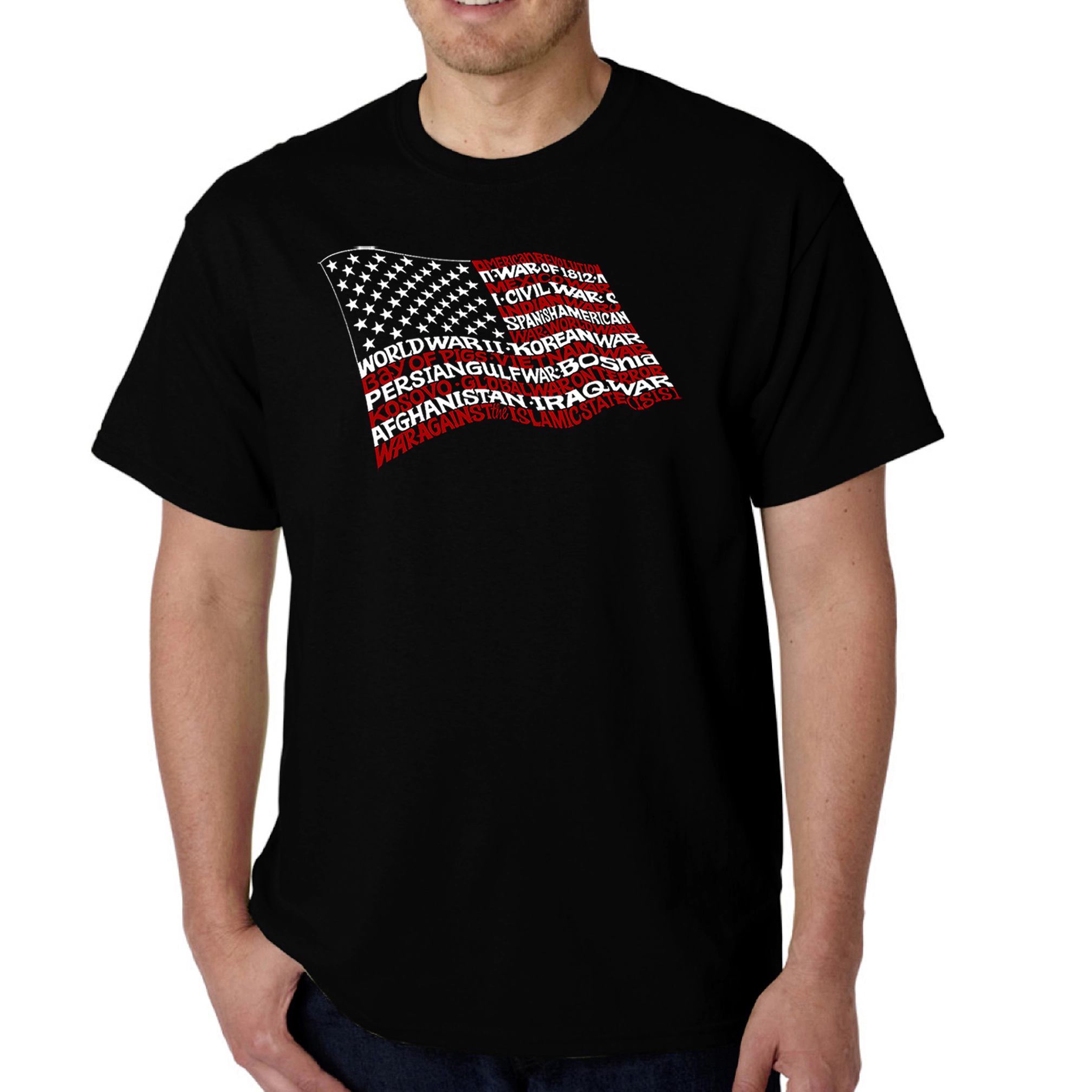 LA Pop Art Men's Word T-Shirt - American Wars Tribute Flag, 100% Cotton, Crew Neck, Short Sleeve