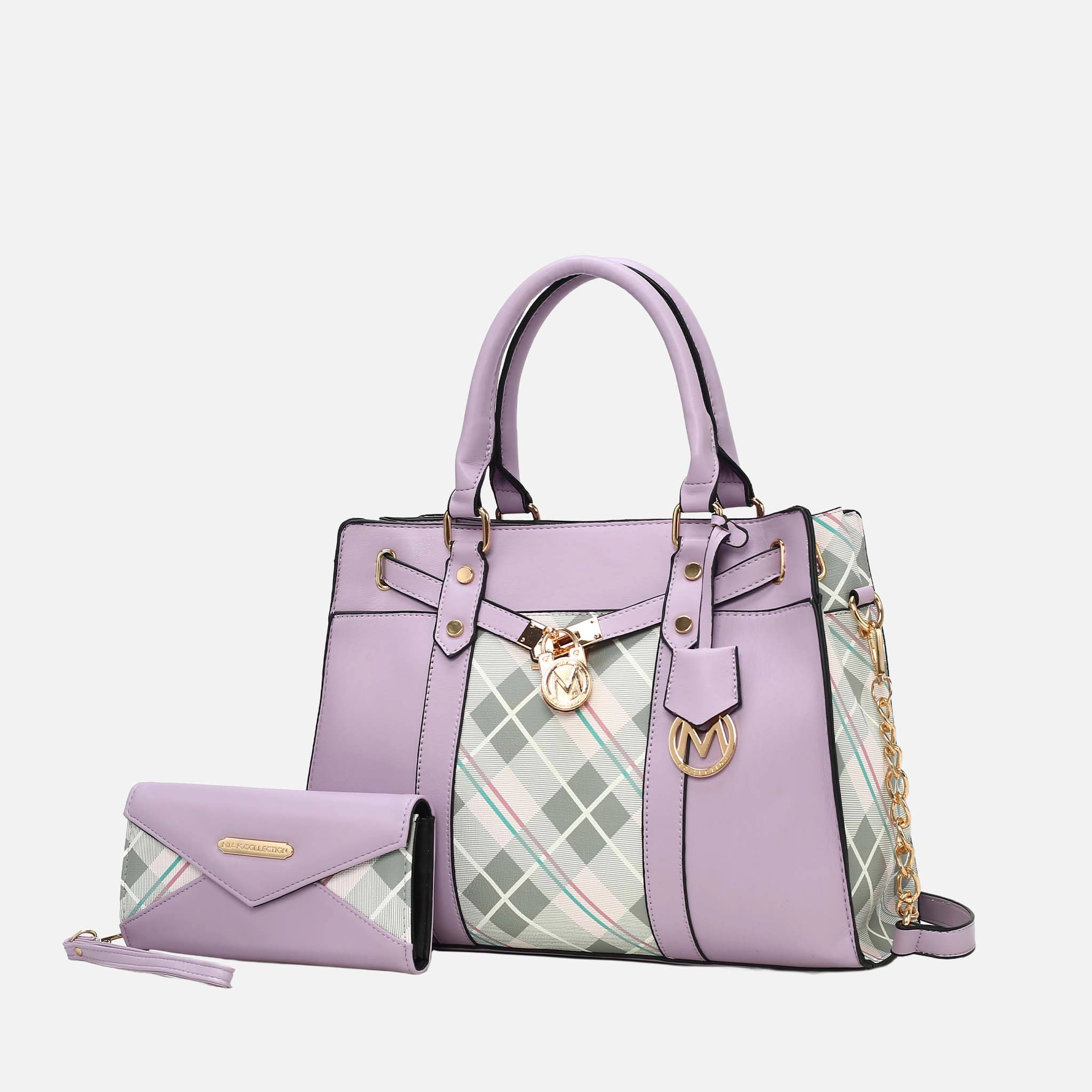 MKF Collection by Mia K Christine Satchel Bag with Wristlet Wallet, Plaid Vegan Leather Lavender