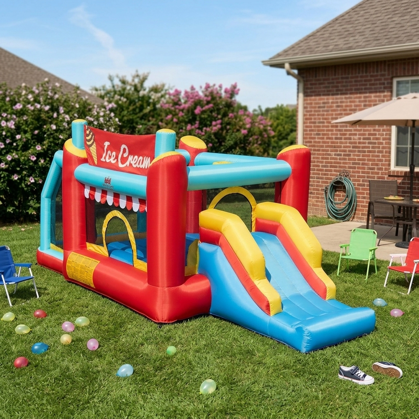 5-in-1 Ice Cream Inflatable Bounce House with Slide Ball Pit 50 Ocean Balls Basketball Ring Toss