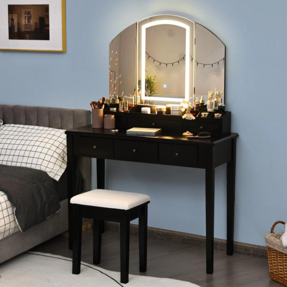 Hivvago Vanity Table Stool Set With Large Tri-Folding Lighted Mirror