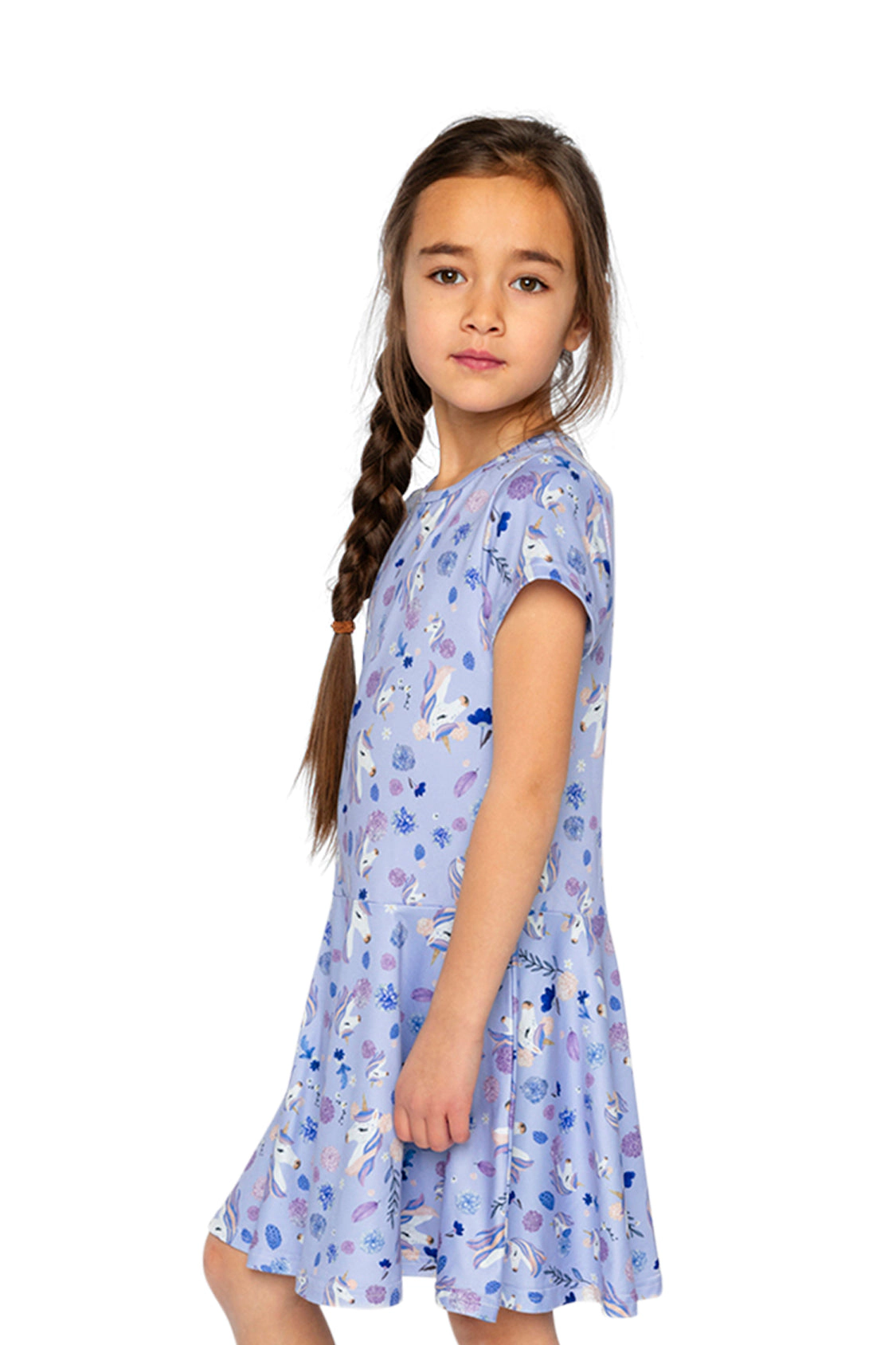 Deux par Girls Unicorn and Floral Print Short Sleeve Drop-Waist Dress