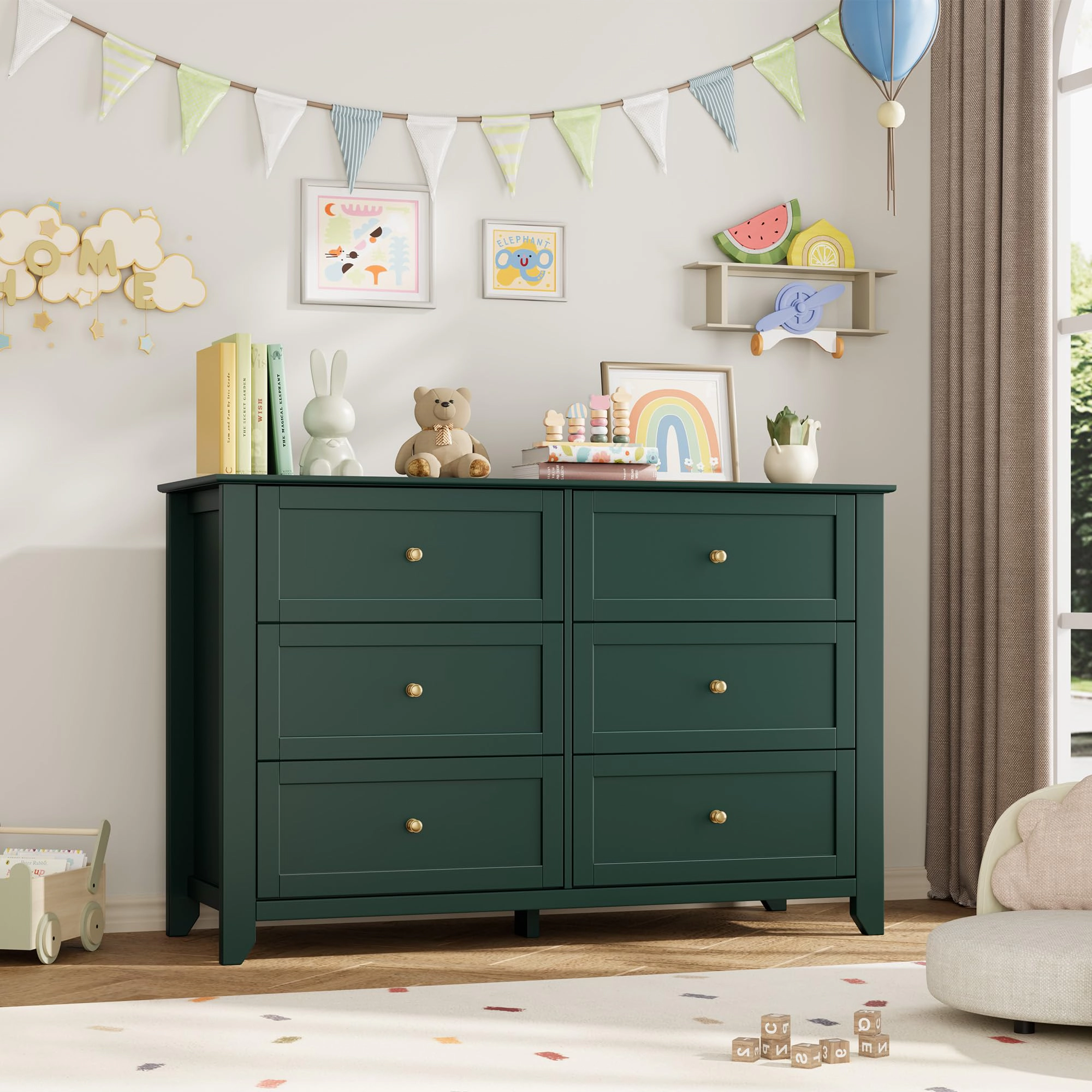 6 Drawer Dresser with Metal Knobs, 47.2" Wide Wooden Double Storage Chest for Bedroom Entryway Hallway