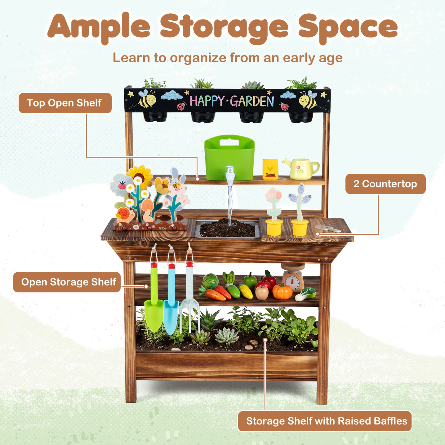 Hivvago Outdoor Wood Mud Kitchen with Water Faucet and Planter