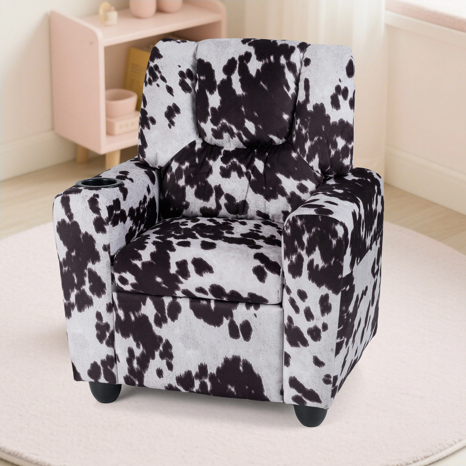 SUGIFT Kids Cow Print Velvet Cup Holder Push Back Recliner 24-in x 21.5-in x 28-in 150-lb Capacity Ages 3+ Black/White