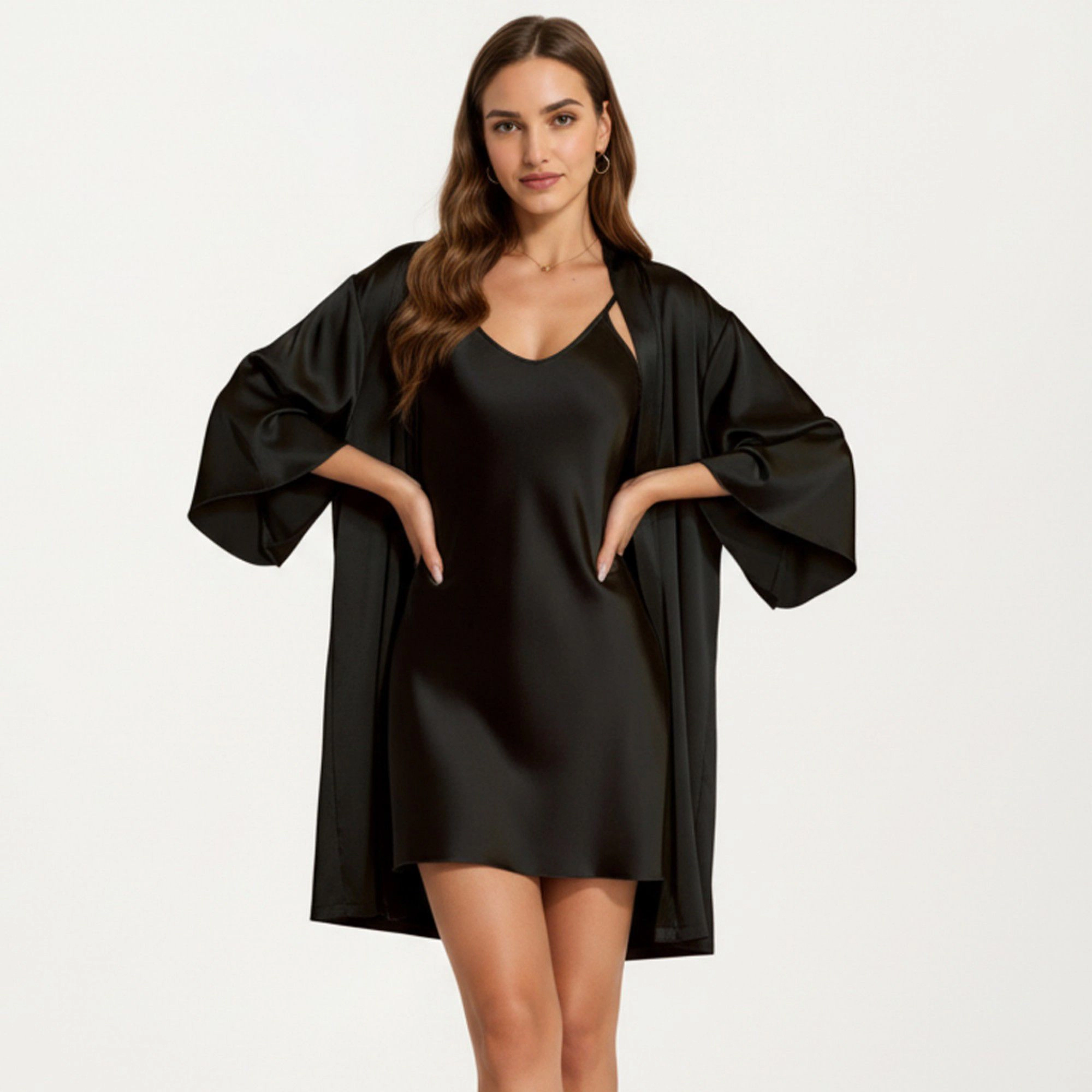 Anna-Kaci Women's 2-Piece Satin Slip Dress and Open Front Robe with Flowing Draped Sleeves Lightweight Fabric